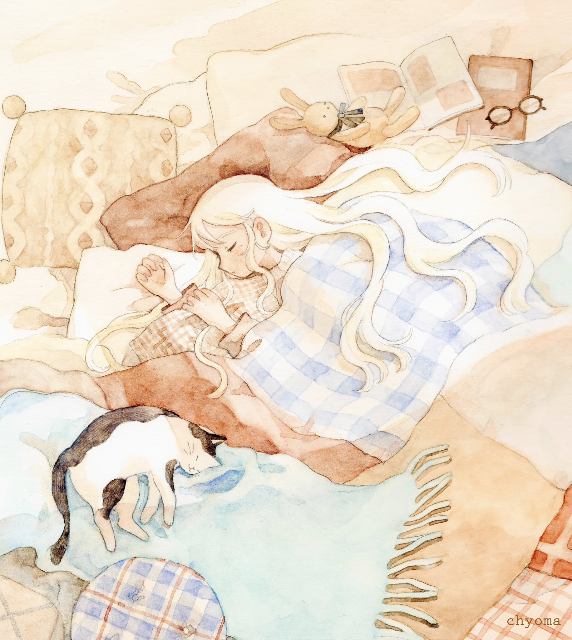 chyoma, original, commentary request, highres, painting (medium), traditional media, watercolor (medium), 1girl, artist name, bed, blanket, book, cat, closed eyes, closed mouth, hair spread out, hugging object, indoors, long hair, lying, mole, mole under eye, on bed, on side, pillow, pillow hug, round eyewear, sleeping, solo, stuffed animal, stuffed rabbit, stuffed toy, under covers, unworn eyewear, very long hair, white hair