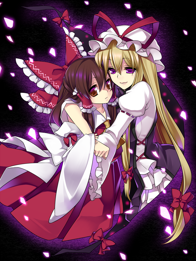 masaru.jp, hakurei reimu, yakumo yukari, touhou, bad id, bad pixiv id, 2girls, blonde hair, bow, brown eyes, brown hair, detached sleeves, female focus, gap (touhou), hair bow, hair ribbon, hug, japanese clothes, long hair, miko, multiple girls, purple eyes, ribbon, short hair