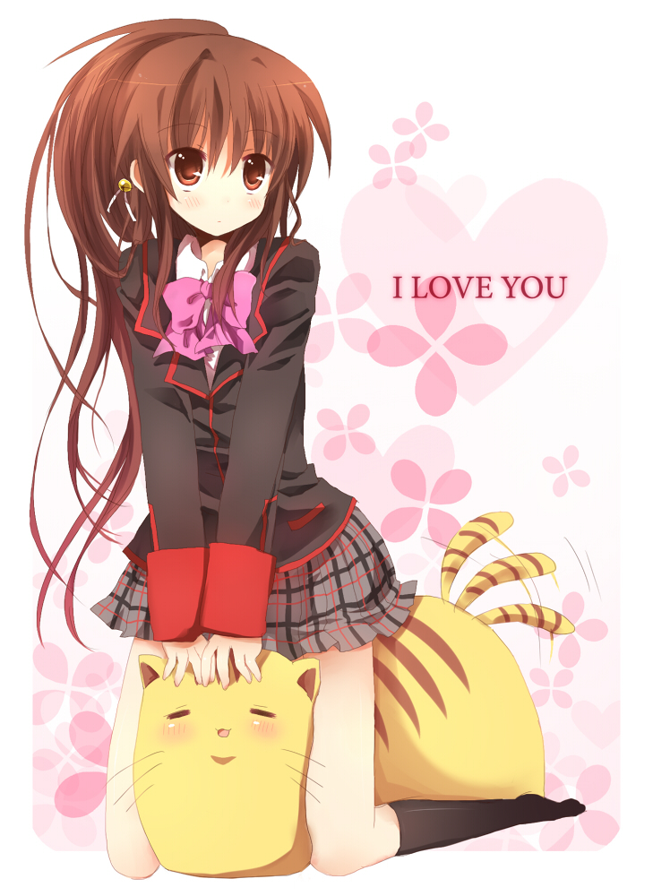 hinase haruka, doruji, natsume rin, little busters!, bad id, bad pixiv id, 1girl, between legs, bow, brown hair, cat, cat between legs, english text, female focus, long hair, pink bow, plaid clothes, plaid skirt, ponytail, red eyes, school uniform, skirt, solo, tail, tail wagging