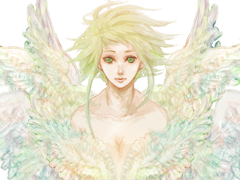 ine, ine (namichidori), gumi, vocaloid, bad id, bad pixiv id, 1girl, bare shoulders, female focus, green eyes, green hair, matching hair/eyes, short hair, solo, wings