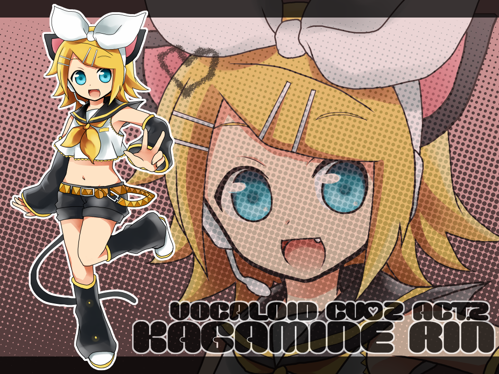 kuroton@9610, kagamine rin, vocaloid, bad id, bad pixiv id, animal ears, blonde hair, blue eyes, cat ears, cat tail, fang, hair ornament, hair ribbon, hairclip, headphones, headset, midriff, ribbon, sailor collar, short hair, shorts, tail