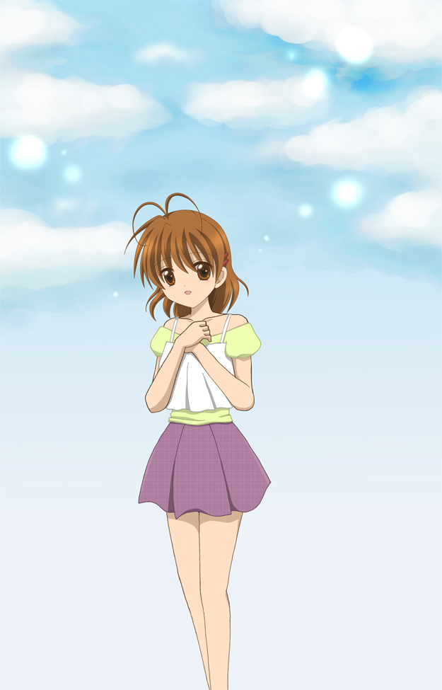 yugamu neiro, furukawa nagisa, clannad, bad id, bad pixiv id, 00s, antenna hair, brown eyes, brown hair, cloud, short hair, solo, sparkle
