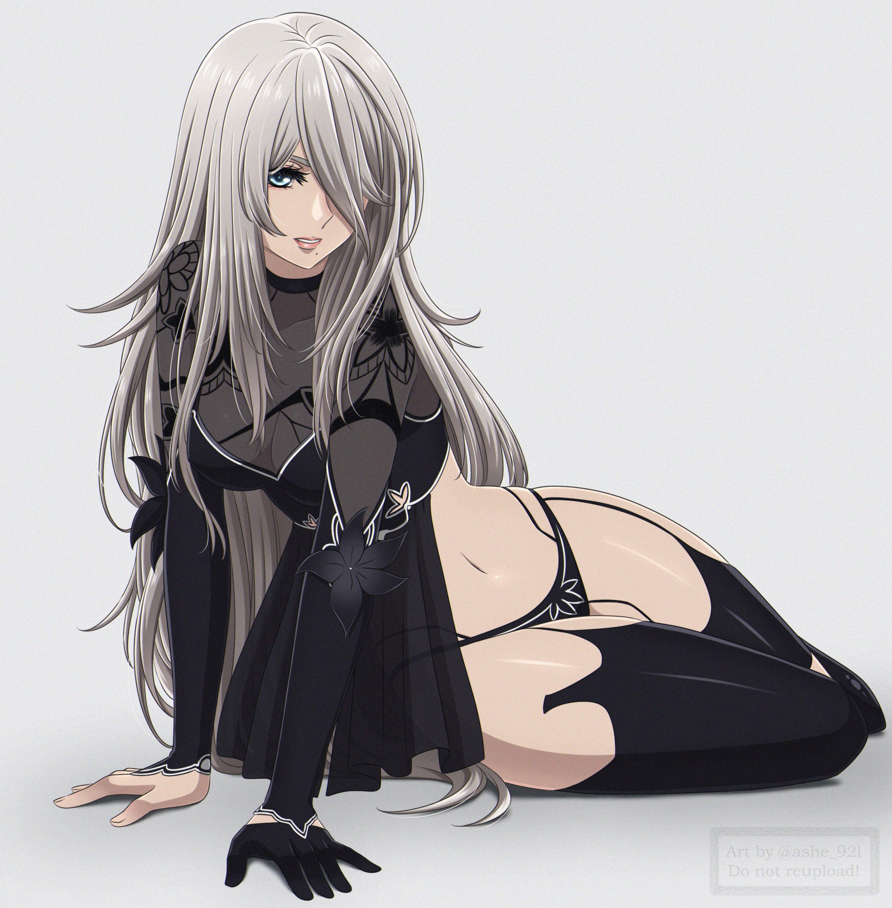shirl geem, a2 (nier:automata), nier:automata, nier (series), nier reincarnation, absurdres, highres, 1girl, blue eyes, long hair, looking at viewer, one eye covered, white background, white hair