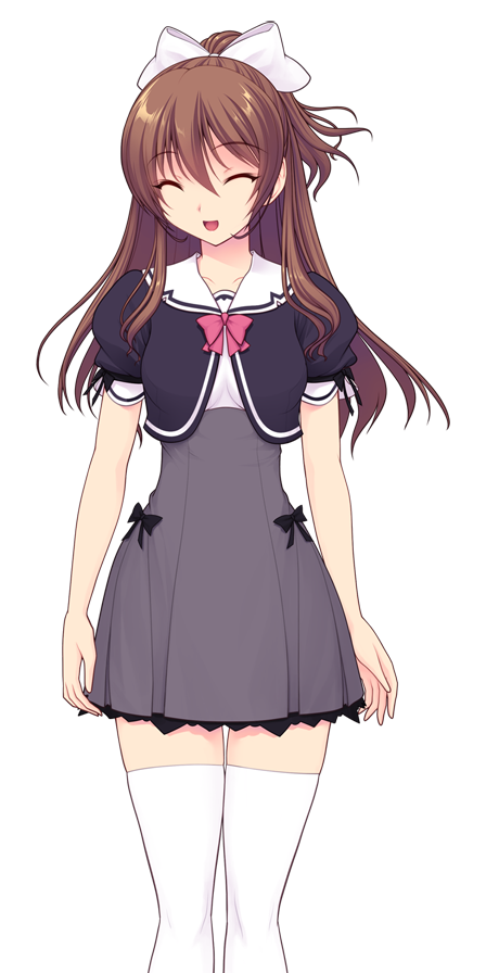 saitou natsuki, suhamaya, tomoe rena, kourin tenshi en ciel rena, game cg, large variant set, non-web source, official art, variant set, 1girl, :d, ^ ^, arms at sides, black bow, bow, bowtie, brown hair, closed eyes, cropped jacket, facing viewer, feet out of frame, grey skirt, hair between eyes, hair bow, half updo, high-waist skirt, high ponytail, jacket, long hair, miniskirt, open mouth, pink bow, pink bowtie, pleated skirt, ponytail, puffy short sleeves, puffy sleeves, ribbon, sailor collar, school uniform, shirt, short sleeves, skirt, smile, solo, standing, straight-on, thighhighs, transparent background, white bow, white ribbon, white sailor collar, white thighhighs, zettai ryouiki