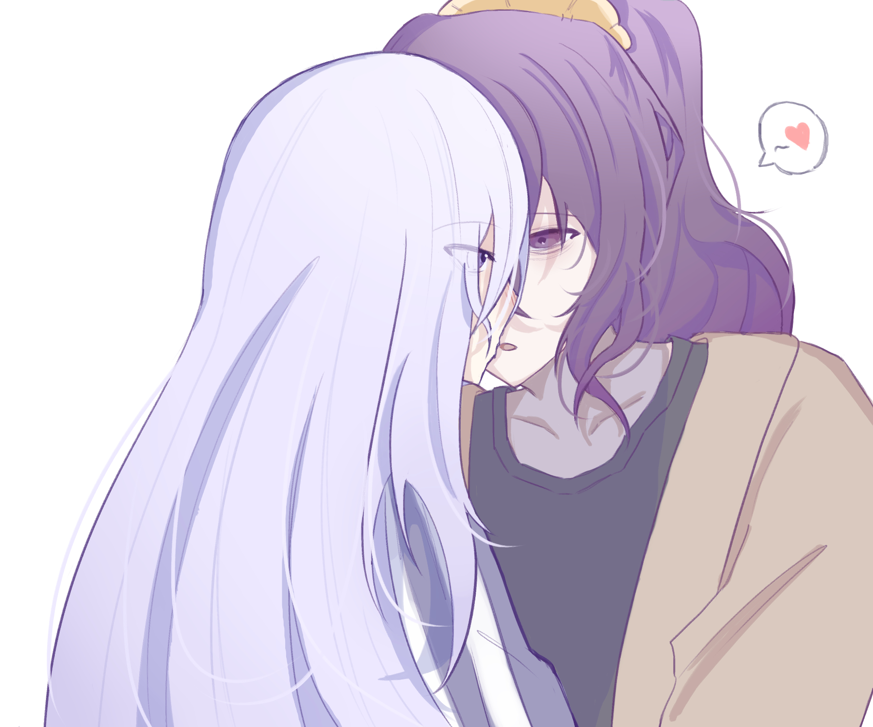 asahina mafuyu, yoisaki kanade, project sekai, commentary, english commentary, highres, 2girls, black shirt, brown cardigan, cardigan, heart, imminent kiss, long hair, multiple girls, parted lips, ponytail, purple eyes, purple hair, sardtins, shirt, simple background, spoken heart, white background, white hair, yuri