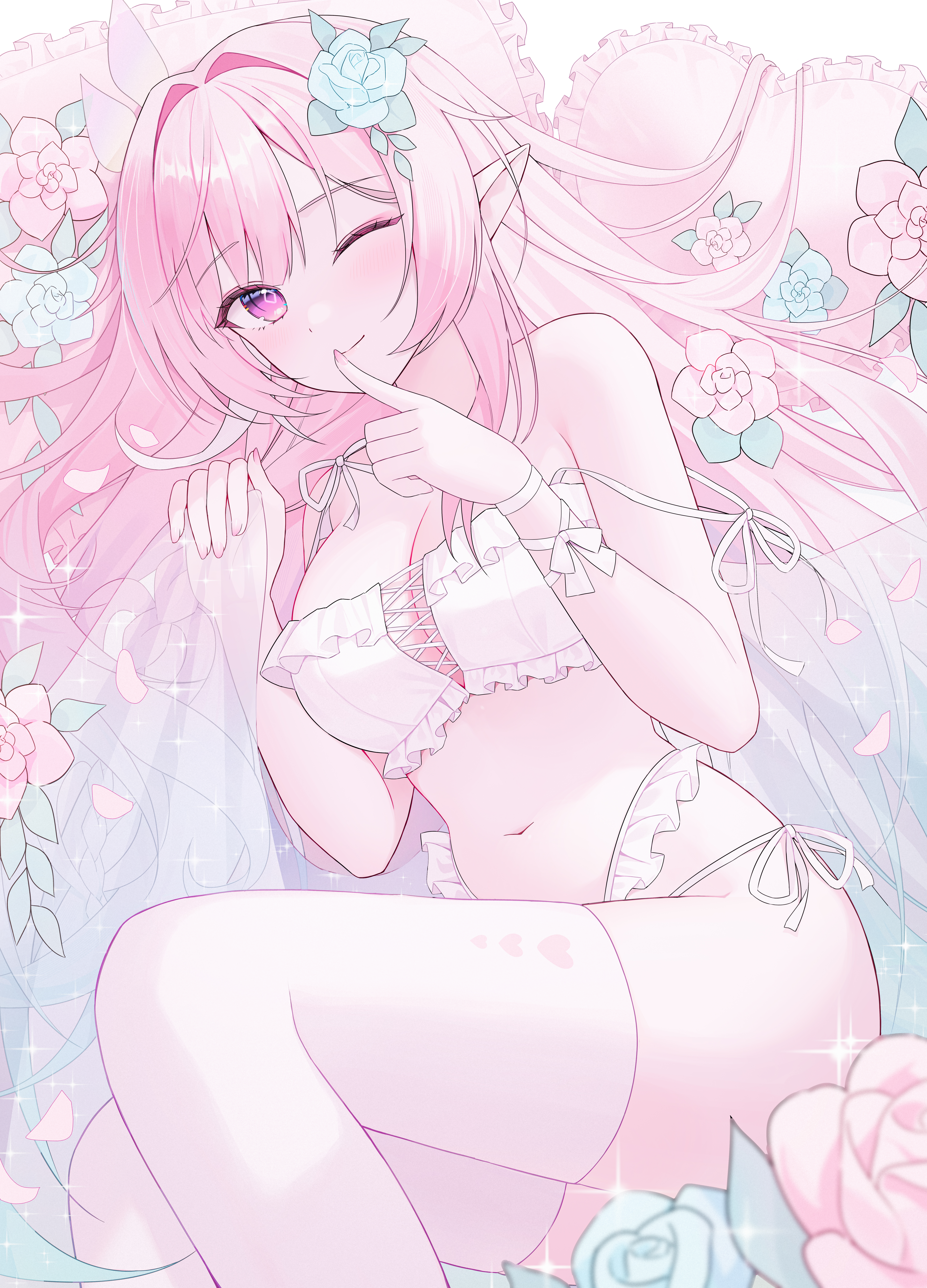 yagen (user mxur3238), cyrene (honkai: star rail), cyrene (ripples of past reverie) (honkai: star rail), honkai: star rail, honkai (series), absurdres, commentary request, highres, partial commentary, 1girl, bare shoulders, blue flower, blue rose, bra, breasts, cleavage, closed mouth, cross-laced bra, diamond-shaped pupils, diamond (shape), finger to mouth, fingernails, flower, frilled bra, frilled panties, frills, hair flower, hair intakes, hair ornament, hair spread out, hands up, index finger raised, large breasts, long hair, looking at viewer, lying, multi-strapped panties, nail polish, navel, on side, panties, pillow, pink hair, pink nails, pointy ears, purple eyes, rose, shushing, side-tie panties, sidelocks, smile, solo, stomach, strap slip, symbol-shaped pupils, thighhighs, thighs, underwear, underwear only, very long hair, white bra, white panties, white thighhighs