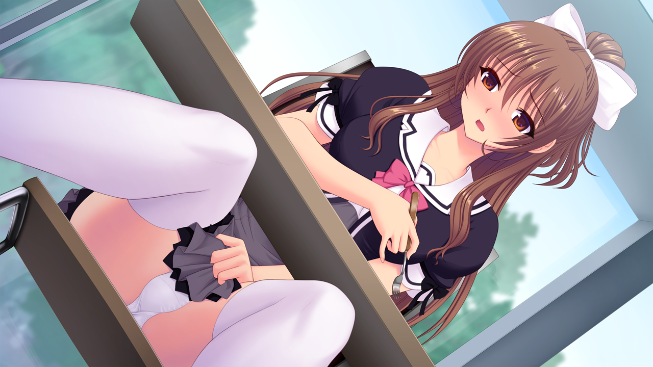 saitou natsuki, suhamaya, tomoe rena, kourin tenshi en ciel rena, game cg, large variant set, non-web source, official art, variant set, 1girl, blush, bow, brown eyes, brown hair, chair, dutch angle, embarrassed, hair bow, indoors, long hair, open mouth, panties, pantyshot, pen, pencil, pleated skirt, ponytail, school uniform, sitting, skirt, skirt tug, solo, table, thighhighs, underwear, upskirt, white bow, white panties, white thighhighs, window