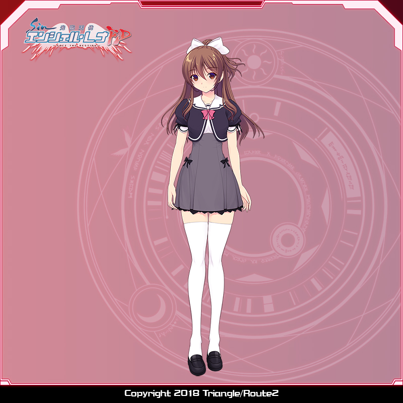 saitou natsuki, suhamaya, tomoe rena, kourin tenshi en ciel rena, official art, 1girl, bow, brown eyes, brown hair, company name, copyright name, full body, hair bow, high-waist skirt, loafers, logo, long hair, looking at viewer, pink background, pink bow, ponytail, puffy sleeves, school uniform, shoes, short sleeves, skirt, solo, standing, thighhighs, white bow, white thighhighs, zettai ryouiki