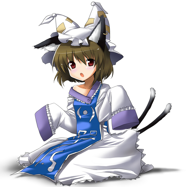 kasu kazu, chen, yakumo ran, touhou, 1girl, :o, animal ears, animal hat, bare shoulders, blush, brown hair, cat ears, cat girl, cat tail, cosplay, earrings, female focus, hat, jewelry, long sleeves, mob cap, multiple tails, open mouth, oversized clothes, red eyes, short hair, sitting, sleeves past wrists, solo, surcoat, tail, tassel, white background, wide sleeves, yakumo ran (cosplay)