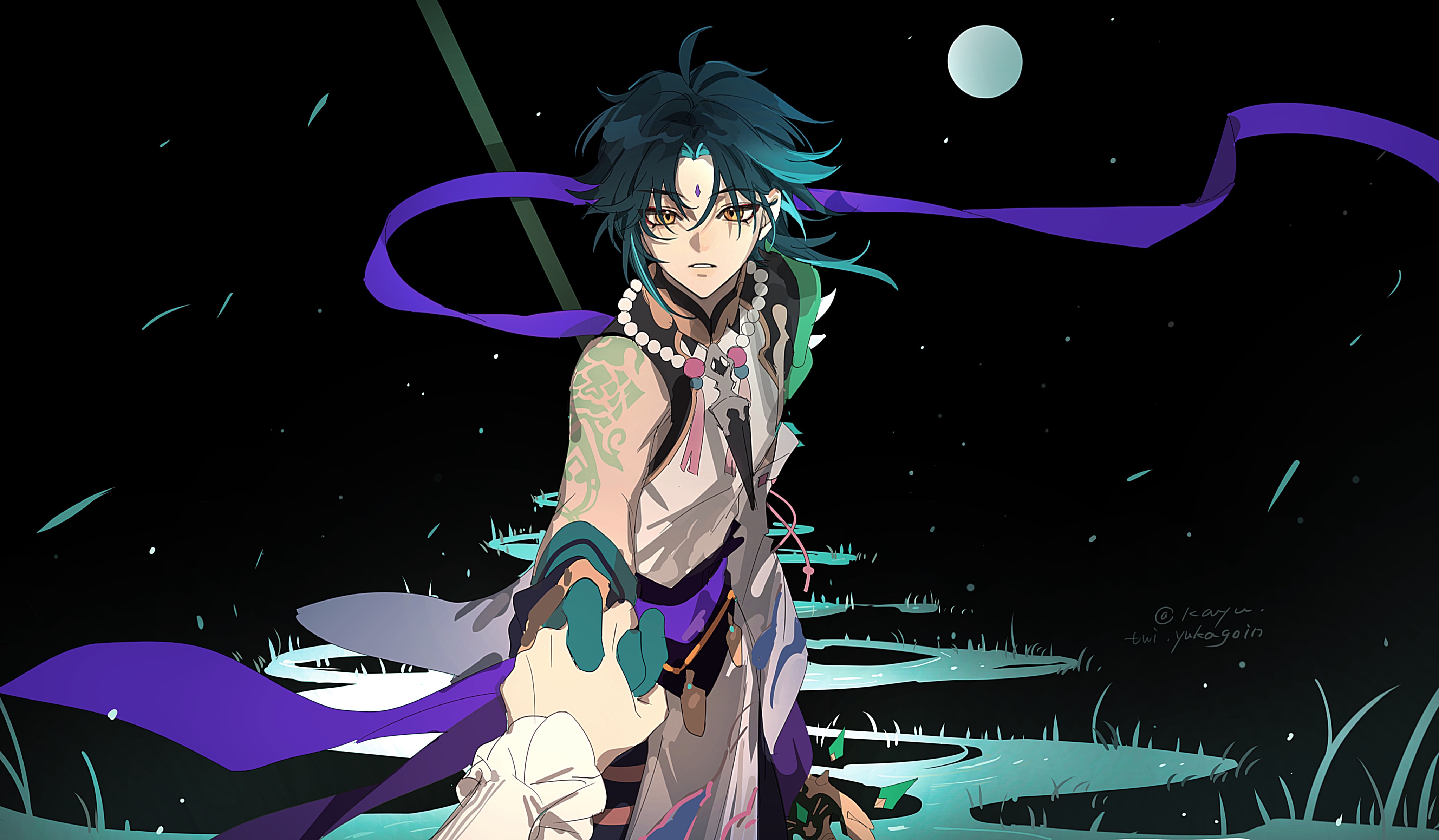 kayu (yukagoin), venti (genshin impact), xiao (genshin impact), genshin impact, absurdres, chinese commentary, highres, 2boys, ahoge, arm tattoo, armor, asymmetrical clothes, bead necklace, beads, black gloves, black hair, detached sleeves, eyeshadow, facial mark, falling leaves, forehead mark, frilled sleeves, frills, full moon, gloves, grass, green gloves, green hair, hair between eyes, holding, holding hands, holding polearm, holding weapon, implied yaoi, jewelry, leaf, long hair, long sleeves, looking at viewer, makeup, male focus, moon, multicolored hair, multiple boys, necklace, night, night sky, open mouth, out of frame, outdoors, parted bangs, parted lips, pendant, polearm, pov, pov hands, primordial jade winged-spear (genshin impact), purple ribbon, purple sash, red eyeshadow, ribbon, river, sash, shirt, short hair with long locks, shoulder armor, shoulder pads, shoulder spikes, sidelocks, simple background, single bare shoulder, single detached sleeve, sky, sleeveless, sleeveless shirt, slit pupils, solo focus, spear, spikes, standing, star (sky), starry sky, tassel, tattoo, twitter username, two-tone hair, water, weapon, white shirt, wide sleeves, yellow eyes