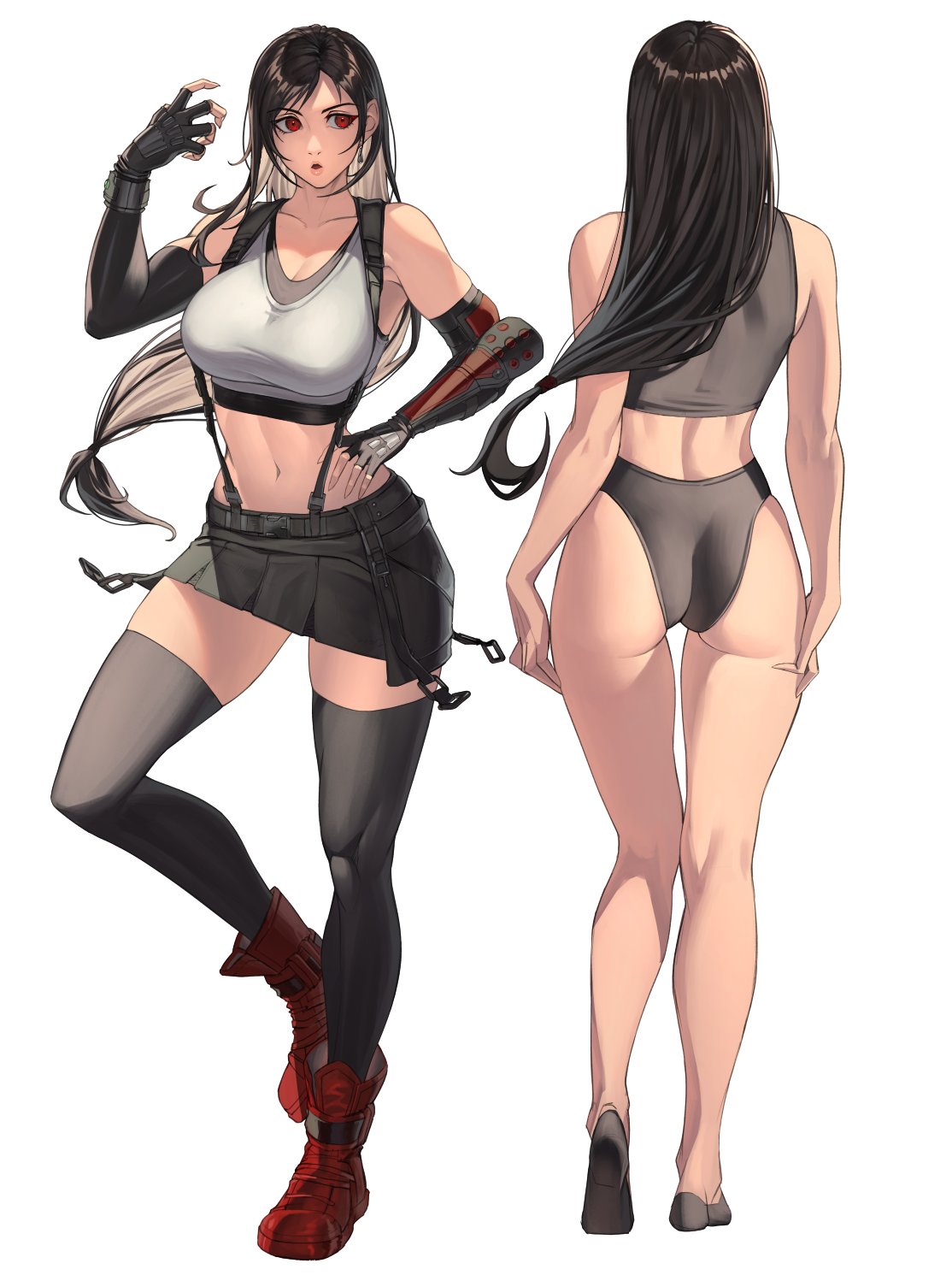 temoc, tifa lockhart, final fantasy, final fantasy vii, final fantasy vii remake, commentary, highres, 1girl, armpit crease, artist name, bare shoulders, black gloves, black hair, black skirt, black sports bra, black thighhighs, boots, bracelet, breasts, collarbone, crop top, earrings, elbow gloves, fingerless gloves, full body, gloves, hand on own hip, hand up, jewelry, large breasts, long hair, low-tied long hair, midriff, miniskirt, navel, parted lips, red boots, red eyes, serious, simple background, single arm guard, single earring, skirt, solo, sports bra, standing, suspender skirt, suspenders, tank top, thighhighs, toned, toned female, underwear, white background, white tank top, zettai ryouiki