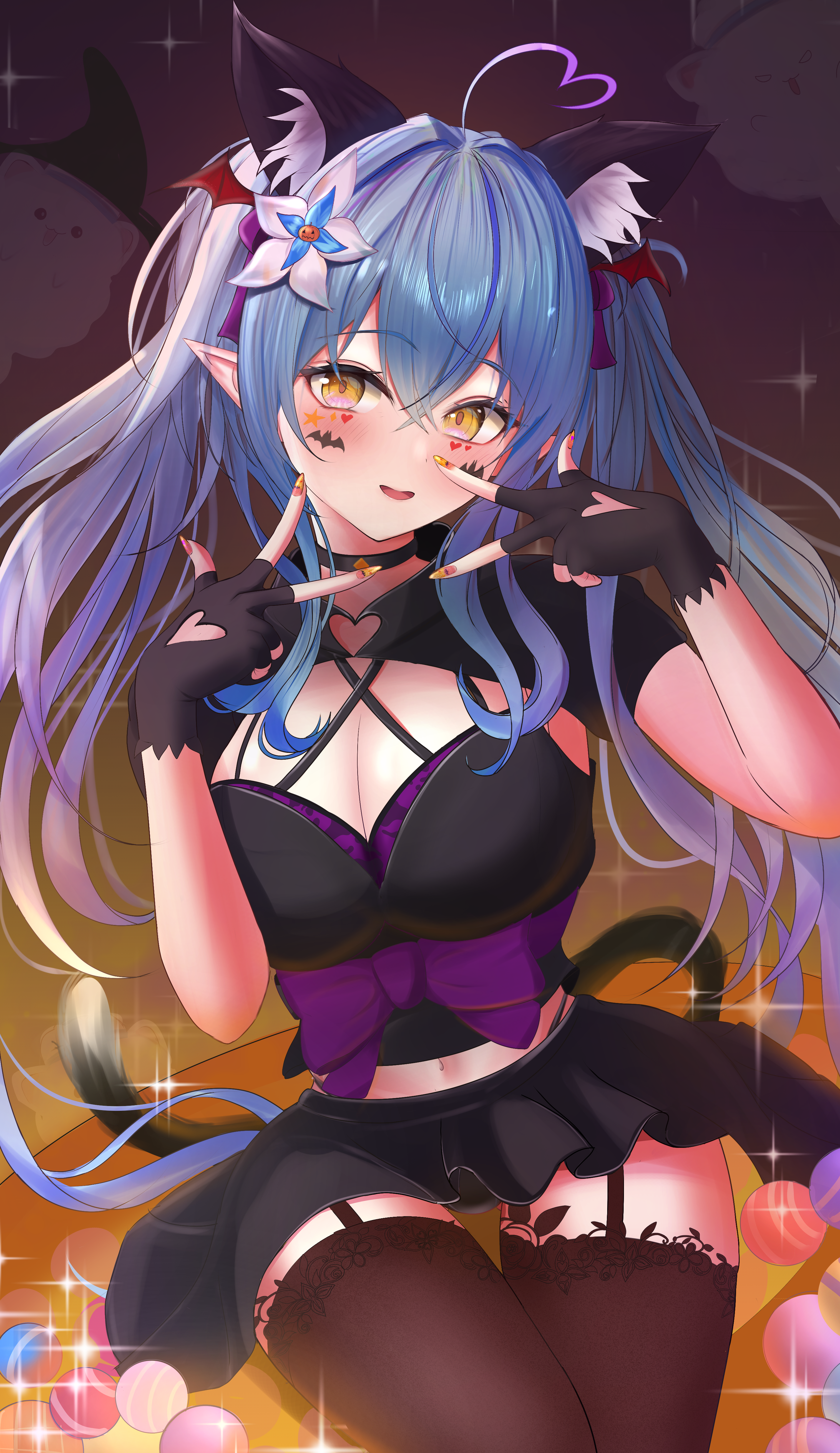 waniwani (wasabiwaniwani), yukihana lamy, hololive, absurdres, commentary, highres, 1girl, ahoge, animal ear fluff, animal ears, black gloves, black shirt, black skirt, black thighhighs, blue hair, blush, breasts, cat ears, cat girl, cat tail, cleavage, cowboy shot, double w, elf, fingerless gloves, garter straps, gloves, halloween, heart, heart ahoge, large breasts, miniskirt, pointy ears, shirt, skirt, solo, tail, thighhighs, twintails, virtual youtuber, w, yellow eyes