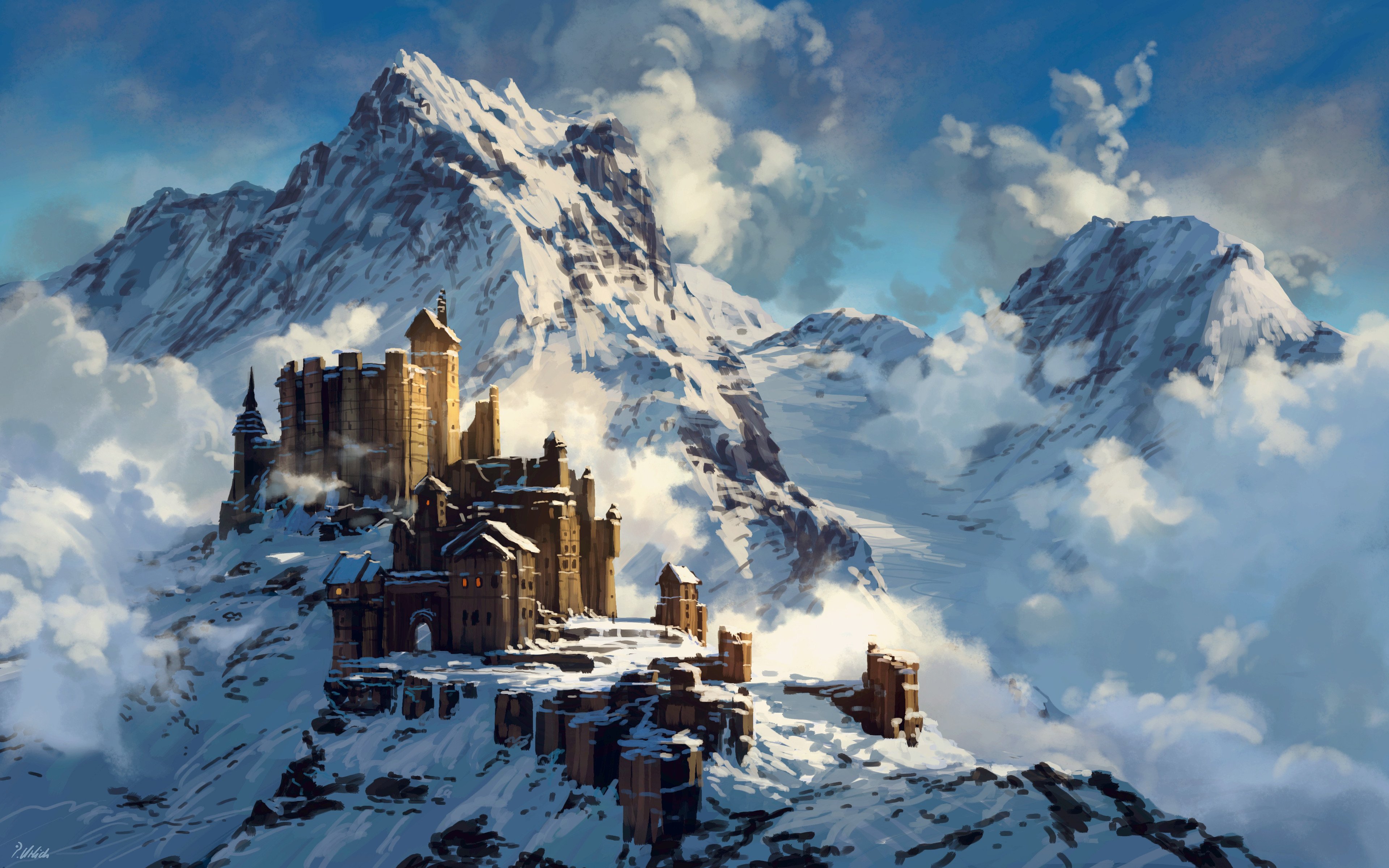 philipp urlich, original, absurdres, commentary, english commentary, highres, blue sky, building, cloud, day, landscape, mountain, no humans, outdoors, scenery, sky, snow