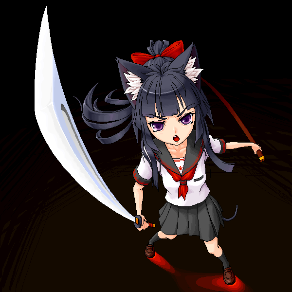 yuuki (silent moon), tagme, animal ears, cat ears, school uniform, serafuku, solo, sword, weapon