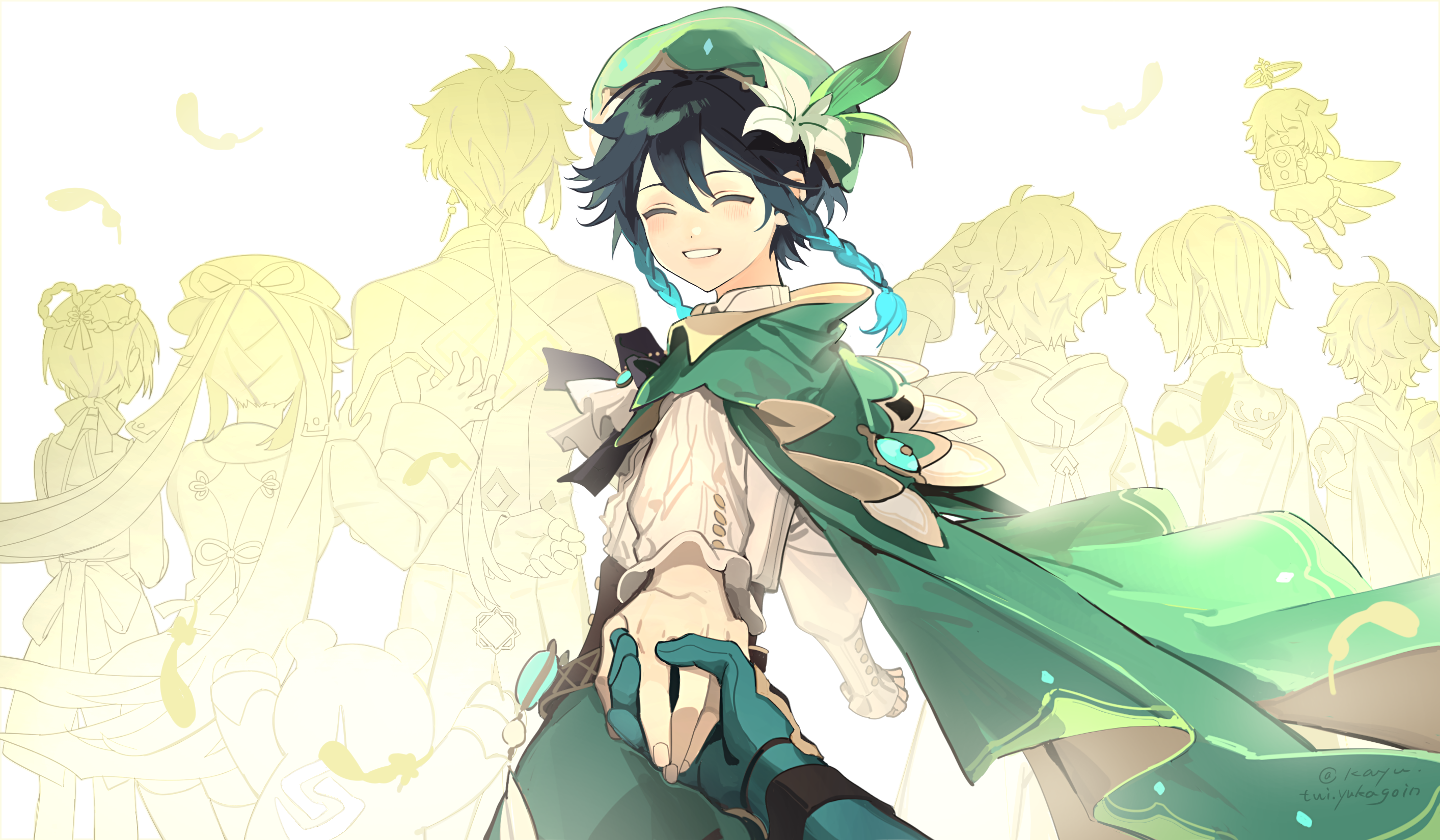 kayu (yukagoin), aether (genshin impact), chongyun (genshin impact), guoba (genshin impact), hu tao (genshin impact), paimon (genshin impact), venti (genshin impact), xiangling (genshin impact), xiao (genshin impact), xingqiu (genshin impact), zhongli (genshin impact), genshin impact, chinese commentary, highres, 3girls, 6+boys, ahoge, ascot, beret, black bow, black bowtie, black hair, blue hair, blush, bow, bowtie, braid, brooch, cape, cloak, closed eyes, collared cape, collared shirt, corset, earrings, falling feathers, feathers, fingerless gloves, flower, frilled sleeves, frills, from behind, gem, gloves, gradient hair, green cape, green hat, green shorts, grin, hair between eyes, hair flower, hair ornament, halo, hat, holding, holding hands, hood, hood down, hood up, hooded cloak, implied yaoi, jewelry, leaf, long hair, long sleeves, low ponytail, male focus, multicolored hair, multiple boys, multiple girls, out of frame, ponytail, pov, pov hands, ribbon, shirt, short hair, short hair with long locks, shorts, side braids, sidelocks, simple background, single earring, smile, solo focus, tassel, twin braids, twintails, two-tone hair, vision (genshin impact), white ascot, white background, white flower, white shirt