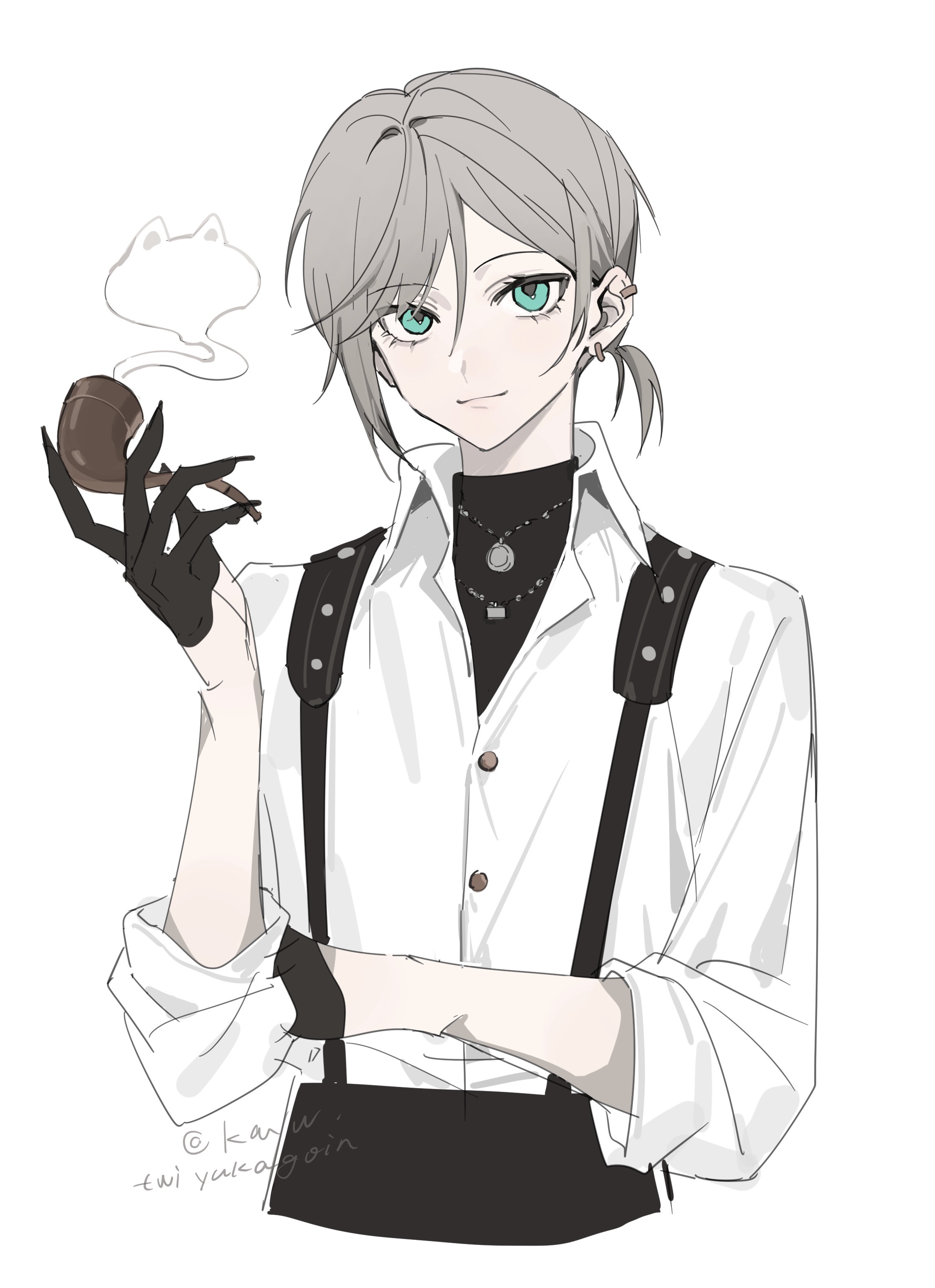 kayu (yukagoin), mysta rias, nijisanji, nijisanji en, absurdres, chinese commentary, highres, 1boy, aqua eyes, black gloves, black pants, black shirt, brown hair, buttons, closed mouth, collared shirt, cropped torso, dress shirt, ear piercing, earrings, fingernails, gloves, hair between eyes, half gloves, hand up, holding, holding smoking pipe, jewelry, long sleeves, looking at viewer, low ponytail, male focus, necklace, pants, piercing, ponytail, sharp fingernails, shirt, short hair, short ponytail, simple background, sleeves rolled up, smile, smoke, smoking pipe, solo, suspenders, turtleneck, twitter username, undershirt, upper body, virtual youtuber, white background, white shirt
