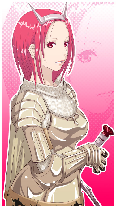 mr.romance, knight (ragnarok online), ragnarok online, 1girl, armor, breasts, chainmail, earrings, fake horns, fantasy, female focus, gauntlets, hands on hilt, horns, jewelry, knight, lipstick, makeup, matching hair/eyes, medium breasts, medium hair, parted lips, pauldrons, plate armor, red eyes, red hair, shoulder armor, solo, sword, weapon, zoom layer