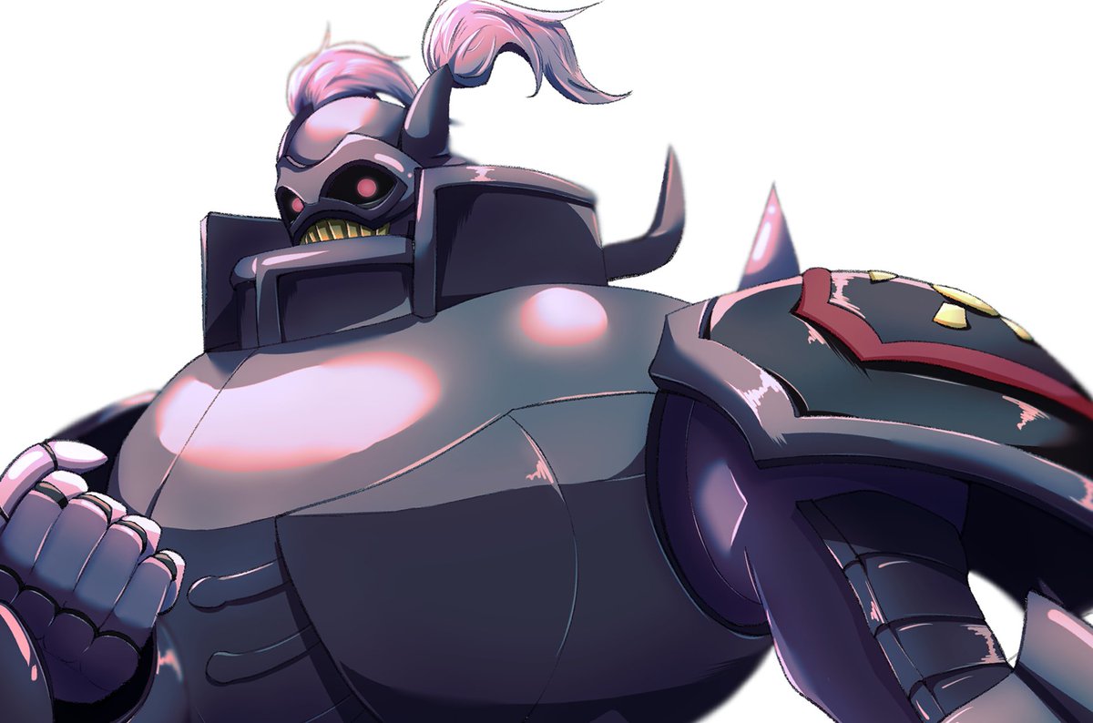 craniummon, digimon, armor, black sclera, colored sclera, digimon (creature), helmet, knight, male focus, okome digi, purple armor, purple helmet, red eyes, shoulder armor, solo, upper body