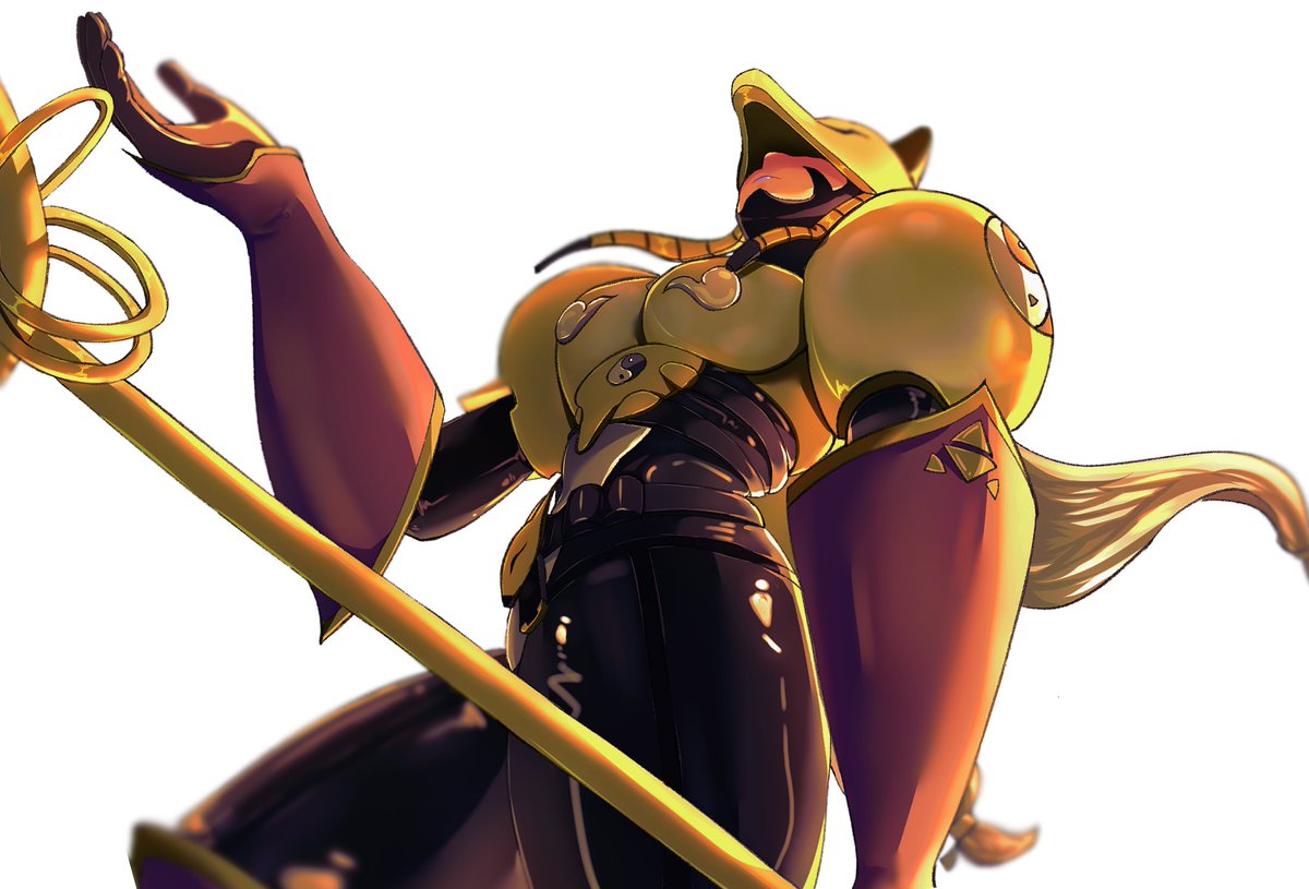 sakuyamon, digimon, 1girl, armor, black bodysuit, bodysuit, breasts, cowboy shot, digimon (creature), fox mask, from below, gold armor, grey hair, holding, holding staff, long hair, mask, okome digi, shoulder armor, simple background, solo, staff, white background