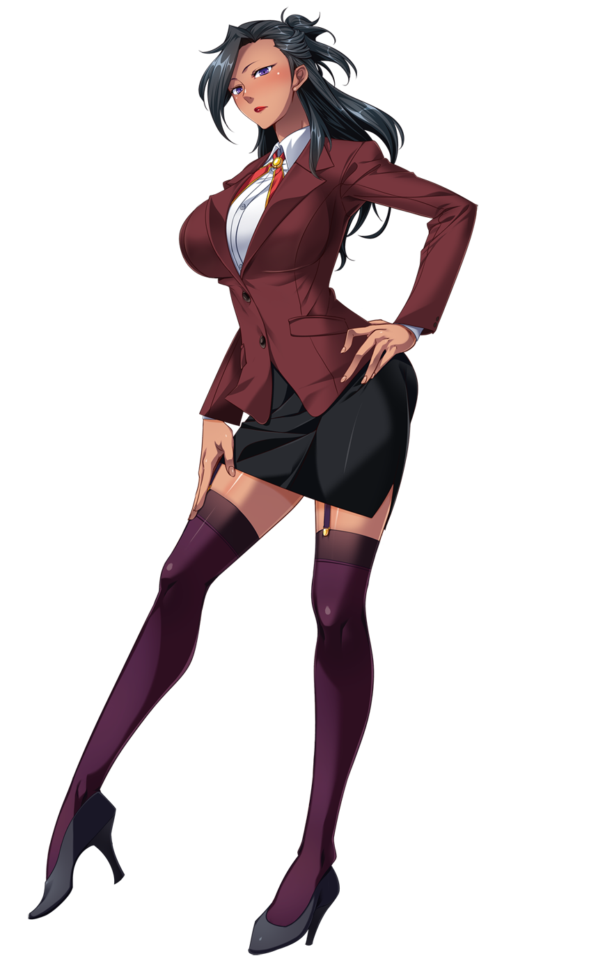 nana g, yoyami rei, sailor element, game cg, highres, large variant set, non-web source, official art, variant set, 1girl, black hair, black skirt, blazer, blush, breasts, buttons, collared shirt, dark-skinned female, dark skin, earrings, formal clothes, full body, garter straps, genderswap, genderswap (mtf), glasses, hand on own hip, hand on own thigh, high heels, huge breasts, jacket, jewelry, lipstick, long hair, long sleeves, looking at viewer, makeup, miniskirt, mole, mole under eye, neck ribbon, office lady, open mouth, parted lips, pencil skirt, purple eyes, purple thighhighs, red jacket, red lips, ribbon, shirt, skirt, skirt suit, solo, standing, suit, tachi-e, teacher, thighhighs, transparent background, white shirt, zettai ryouiki