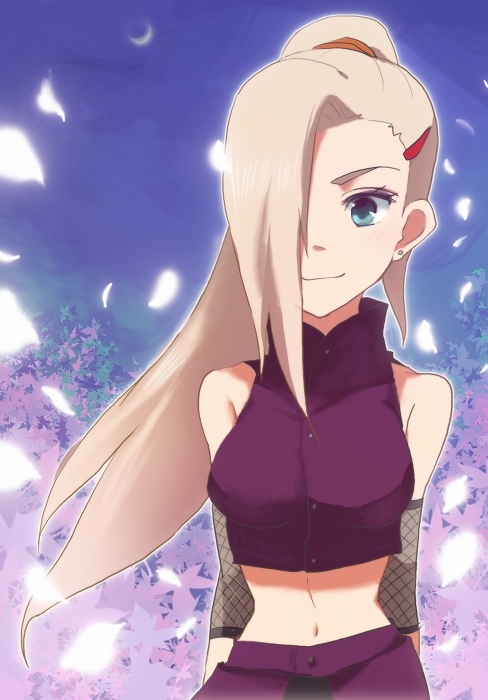 yokige, yamanaka ino, naruto (classic), naruto (series), 1girl, aqua eyes, arms behind back, blonde hair, blush, cherry blossoms, ear piercing, earrings, female focus, fishnets, hair ornament, hair over one eye, hair tie, hairclip, jewelry, long hair, midriff, miniskirt, navel, piercing, ponytail, skirt, smile, solo, standing