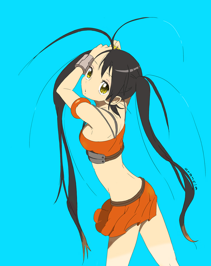 obake, obake (artist), arancia, original, 1girl, adjusting hair, aqua background, black hair, bracelet, female focus, jewelry, long hair, midriff, orange skirt, skirt, solo, twintails, yellow eyes