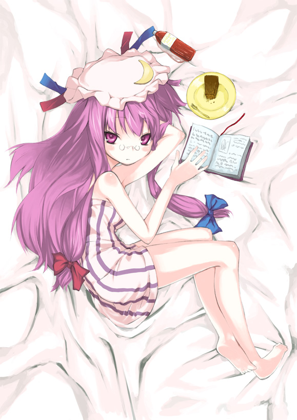 akanagi youto, patchouli knowledge, touhou, bad id, bad pixiv id, 1girl, barefoot, bed, bespectacled, blush, book, cake, female focus, food, full body, glasses, hat, legs, long hair, lying, pastry, purple eyes, purple hair, ribbon, solo