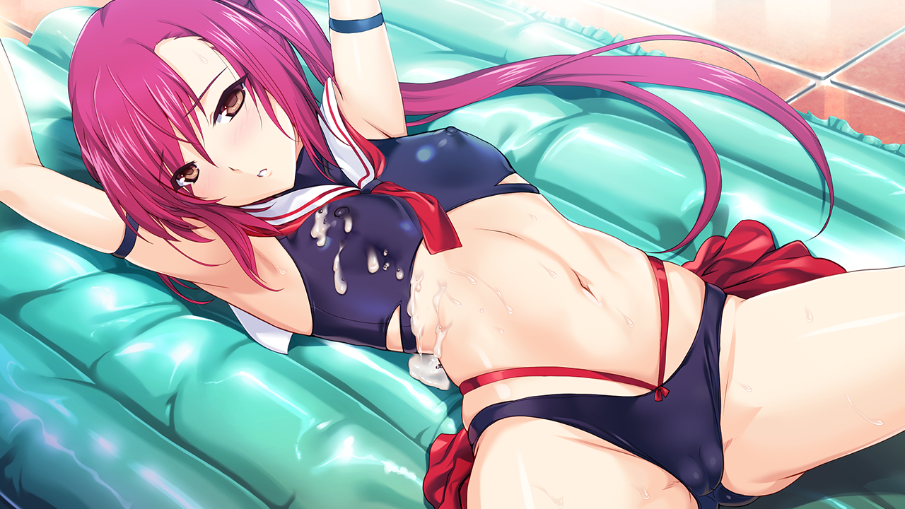 onigirikun, choukou (alicesoft), choukou shinki ixseal, game cg, large variant set, non-web source, official art, variant set, 1girl, arm strap, armband, armpits, arms up, bikini, black bikini, blush, breasts, brown eyes, cameltoe, covered erect nipples, cum, cum on body, cum on clothes, houshou kirika, inflatable raft, long hair, looking at viewer, lying, navel, on back, parted lips, pink hair, ponytail, red hair, sailor collar, side ponytail, small breasts, solo, spread legs, swimsuit