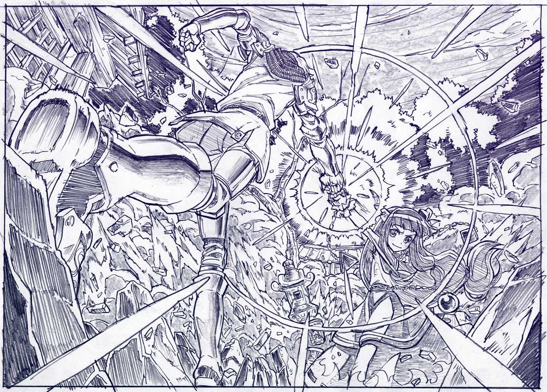 sakino shingetsu, buront, elvaan, ibuki suika, final fantasy, final fantasy xi, the iron of yin and yang, touhou, traditional media, 00s, 1boy, 1girl, chain, crossover, elf, fist bump, horns, long hair, monochrome, pointy ears, punching, short hair