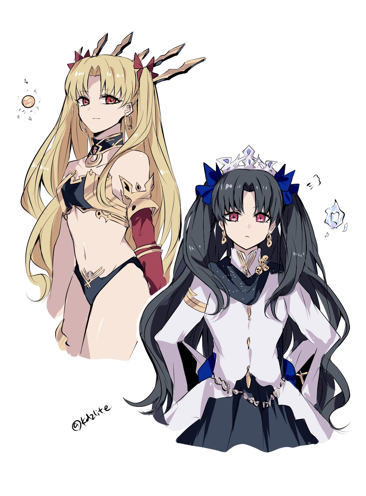 sodamachi, ereshkigal (fate), ishtar (fate), tohsaka rin, fate/grand order, fate (series), highres, 2girls, alternate costume, armor, bikini, bikini armor, black choker, black hair, black skirt, blonde hair, breasts, choker, cowboy shot, detached sleeves, earrings, english text, jewelry, legs, long hair, looking at viewer, multiple girls, navel, red eyes, simple background, skirt, small breasts, swimsuit, thighs, tiara, twitter username, upper body, white background