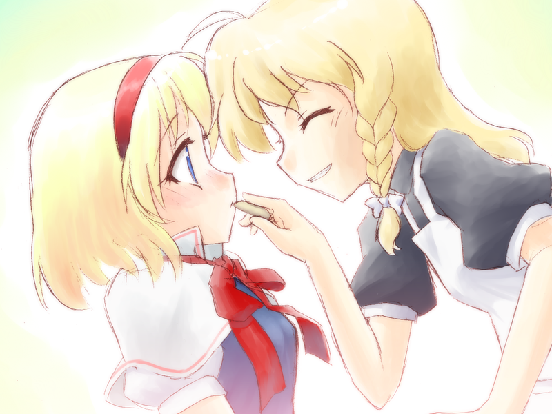 fumotono mikoto, alice margatroid, kirisame marisa, touhou, 2girls, apron, blonde hair, blue eyes, blush, braid, capelet, closed eyes, cookie, female focus, food, grin, hairband, multiple girls, profile, ribbon, smile, yuri
