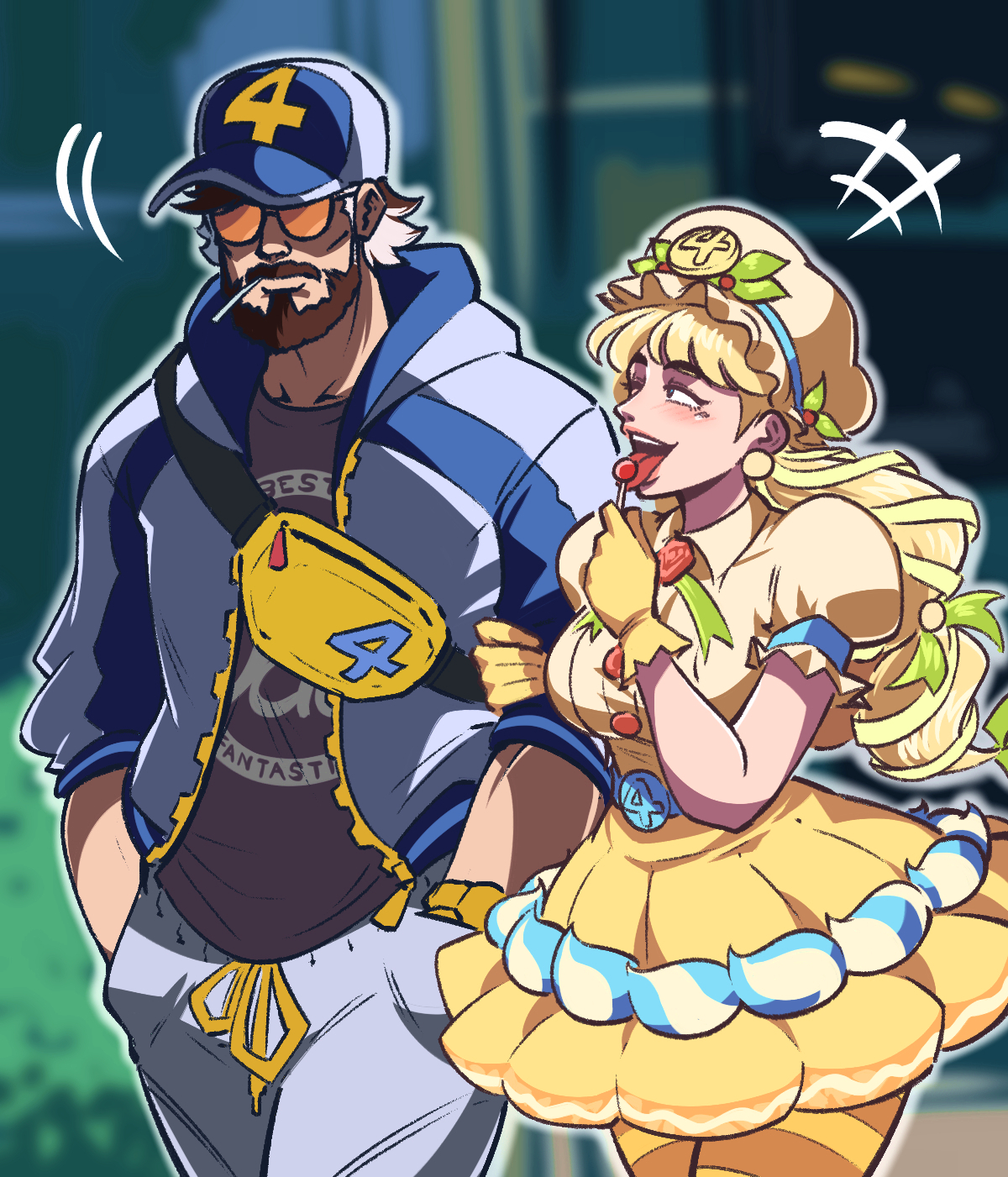 tina fate, reed richards, sue storm, fantastic four, marvel, marvel rivals, highres, 1boy, 1girl, bag, beard, blonde hair, blush, breasts, candy, dress, facial hair, food, gloves, hat, husband and wife, lollipop, long hair, smile, sunglasses