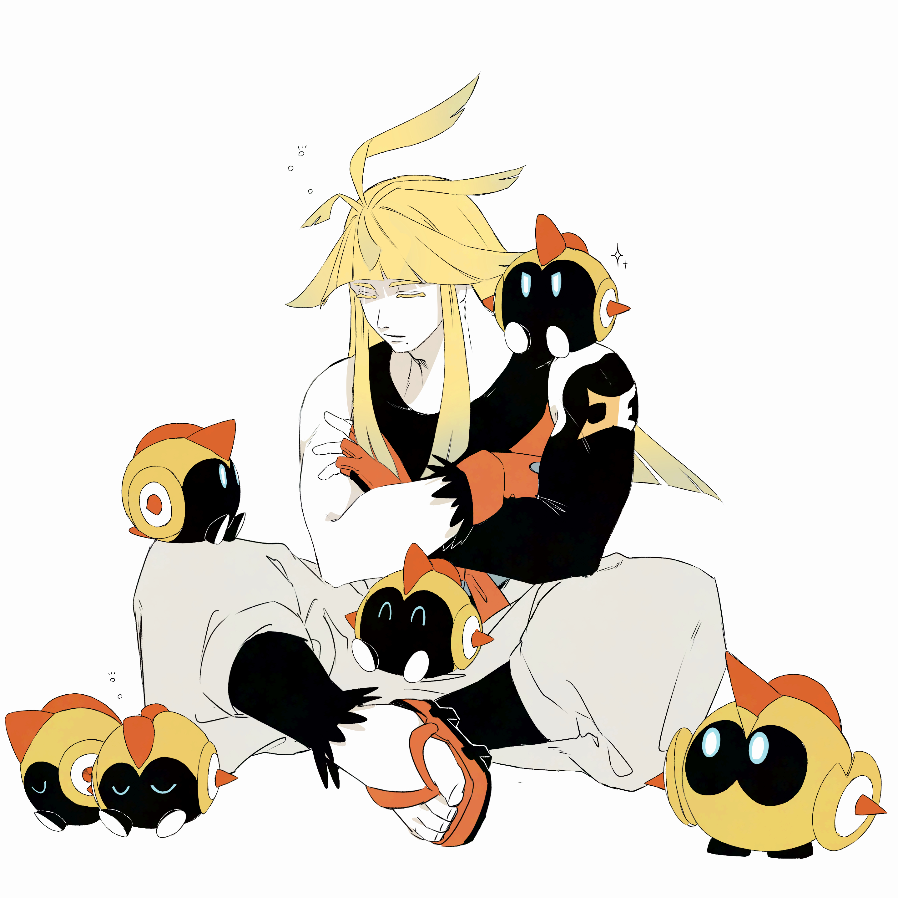 dean (satori-fujioka), falinks, ivor (pokemon), nintendo, pokemon, pokemon legends: z-a, absurdres, commentary request, highres, 1boy, antenna hair, asymmetrical sleeves, black tank top, blonde hair, blunt bangs, closed eyes, closed mouth, colored eyelashes, crossed arms, fingerless gloves, gen 8 pokemon, gloves, invisible chair, long hair, male focus, on shoulder, pants, pokemon (creature), pokemon on shoulder, red gloves, red shoes, sandals, shoes, sitting, solo, tank top, toned, toned male, white pants