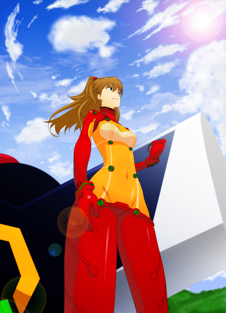 souryuu asuka langley, neon genesis evangelion, rebuild of evangelion, highres, 00s, 1girl, bodysuit, bra, breasts, female focus, lingerie, long hair, mecha pilot suit, midriff, nature, outdoors, plugsuit (evangelion), see-through clothes, sky, solo, test plugsuit (evangelion), underwear
