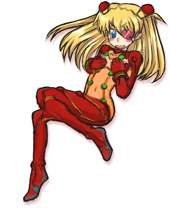 souryuu asuka langley, neon genesis evangelion, rebuild of evangelion, 00s, 1girl, blush, bra, eyepatch, female focus, lingerie, long hair, mecha pilot suit, midriff, plugsuit (evangelion), solo, test plugsuit (evangelion), underwear