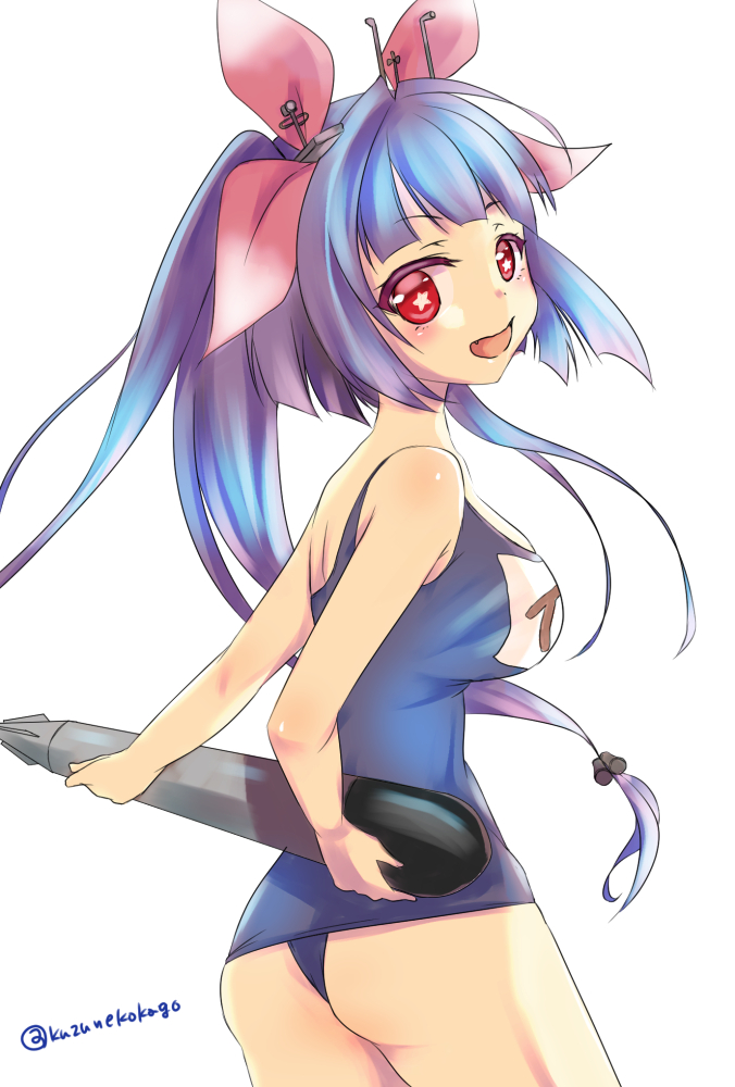 shizukuneko, i-19 (kancolle), kantai collection, 1girl, ass, blue hair, blue one-piece swimsuit, breasts, cowboy shot, hair ribbon, holding, holding torpedo, large breasts, long hair, looking at viewer, one-piece swimsuit, red eyes, ribbon, school swimsuit, simple background, solo, star-shaped pupils, star (symbol), swimsuit, symbol-shaped pupils, torpedo, tri tails, white background
