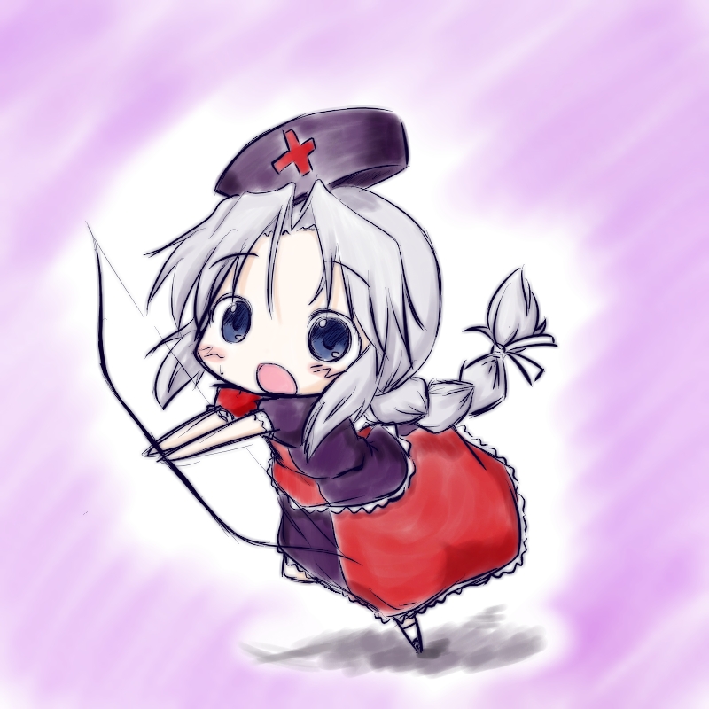 fuugetsu oreha ikiru, yagokoro eirin, touhou, silver hair, 1girl, bow, bow (weapon), chibi, female focus, full body, hat, nurse cap, solo, weapon