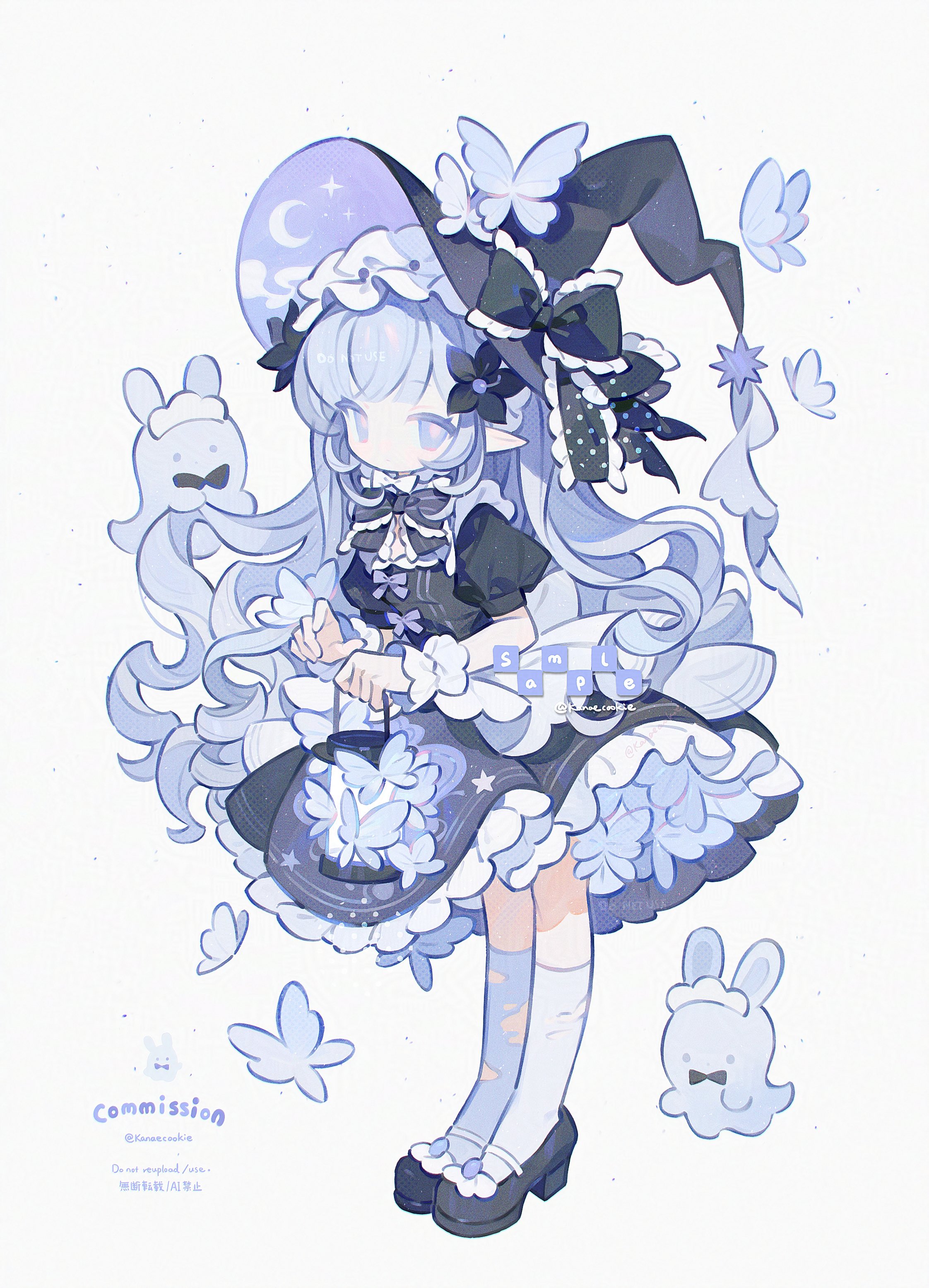 kanae (cookie), original, absurdres, commission, highres, 1girl, black bow, black bowtie, black dress, black hat, black shoes, blue eyes, blue hair, bow, bowtie, bug, butterfly, closed mouth, dress, frilled bow, frilled dress, frills, full body, ghost, hat, hat bow, holding, holding lantern, insect, lantern, long hair, looking at viewer, mary janes, pointy ears, sample watermark, shoes, short sleeves, simple background, socks, solo, standing, striped bow, striped bowtie, striped clothes, twitter username, watermark, white background, white socks, witch hat, wrist cuffs