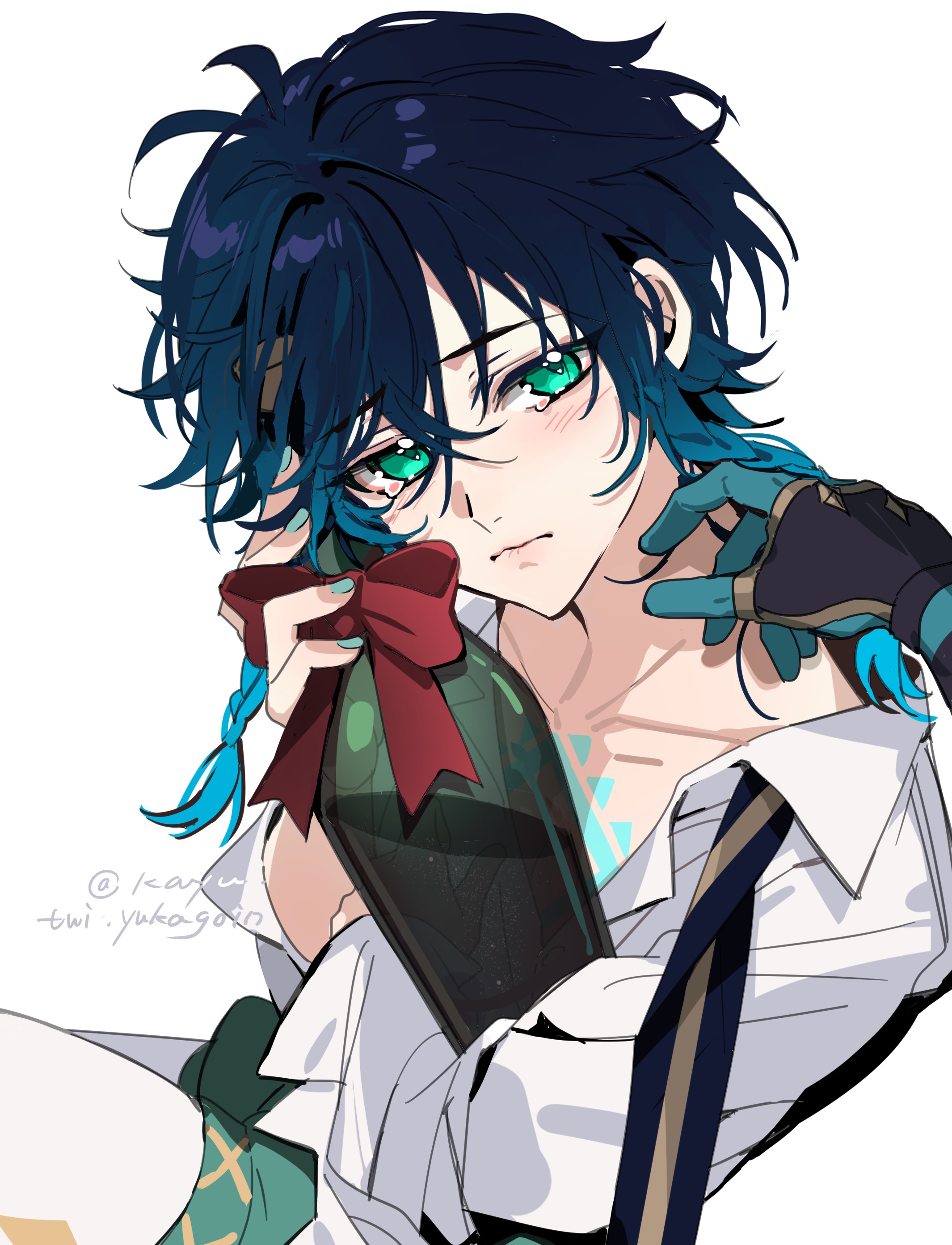 kayu (yukagoin), venti (genshin impact), xiao (genshin impact), genshin impact, absurdres, chinese commentary, highres, 2boys, alcohol, androgynous, antenna hair, aqua nails, black gloves, black hair, blue hair, blush, bottle, bow, bowtie, braid, chest tattoo, closed mouth, collarbone, collared shirt, fingerless gloves, frilled sleeves, frills, gloves, gradient hair, green eyes, green gloves, green shorts, hair between eyes, hand on another's shoulder, holding, holding another's hair, holding bottle, implied yaoi, long sleeves, looking at viewer, loose bowtie, male focus, multicolored hair, multiple boys, nail polish, open collar, out of frame, pantyhose, pov, pov hands, red bow, shirt, short hair with long locks, shorts, sidelocks, simple background, sitting, solo focus, tattoo, tears, twin braids, twitter username, two-tone hair, white background, white pantyhose, white shirt, wine bottle