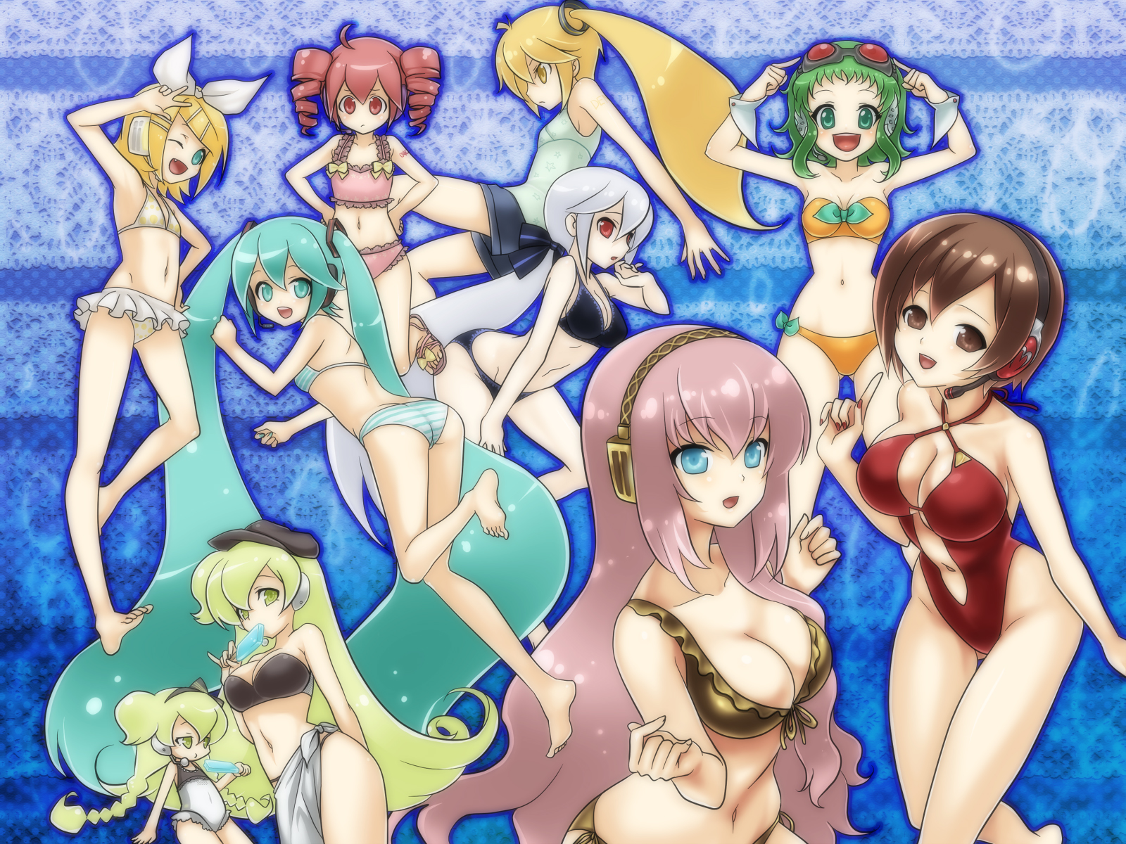 oumi sanaka, akita neru, gumi, hatsune miku, kagamine rin, kasane teto, macne nana, macne nana petit, megurine luka, meiko (vocaloid), yowane haku, macne series, project diva, project diva (series), utau, vocaloid, striped, highres, 6+girls, armpits, barefoot, bikini, crossover, drill hair, feet, goggles, green hair, long hair, multiple girls, polka dot, polka dot bikini, polka dot swimsuit, swimsuit, twin drills, twintails, very long hair