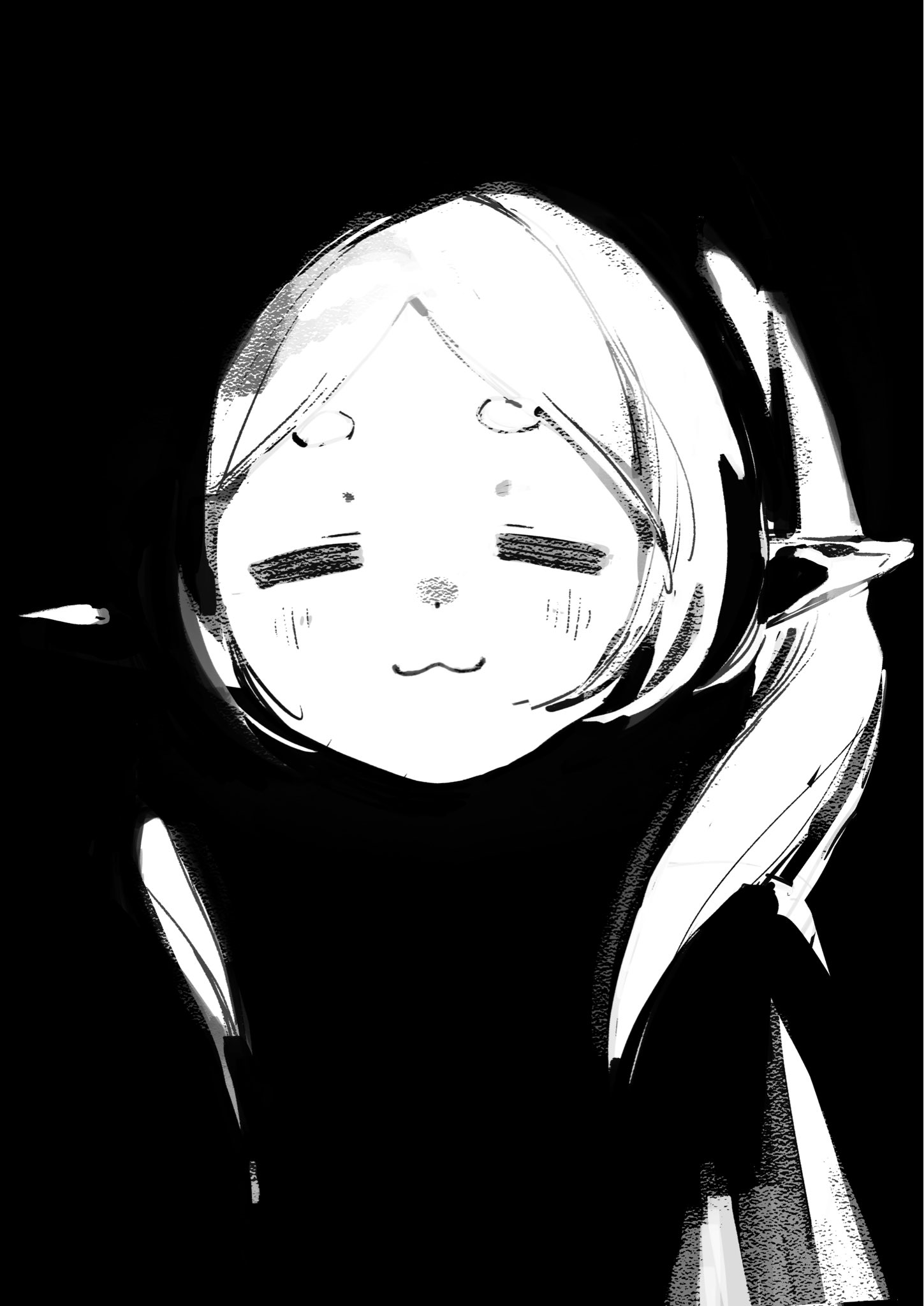 ame929, frieren, sousou no frieren, highres, photo-referenced, 1girl, :3, = =, black background, closed eyes, elf, greyscale, long hair, long pointy ears, monochrome, parted bangs, pointy ears, sidelighting, sketch, solo, thick eyebrows, twintails