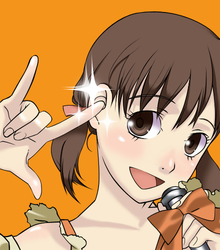 ichiha, doujima nanako, ranka lee, atlus, macross, macross frontier, persona, persona 4, bad id, bad pixiv id, lowres, m/, brown eyes, brown hair, microphone, parody, seikan hikou, solo, twintails