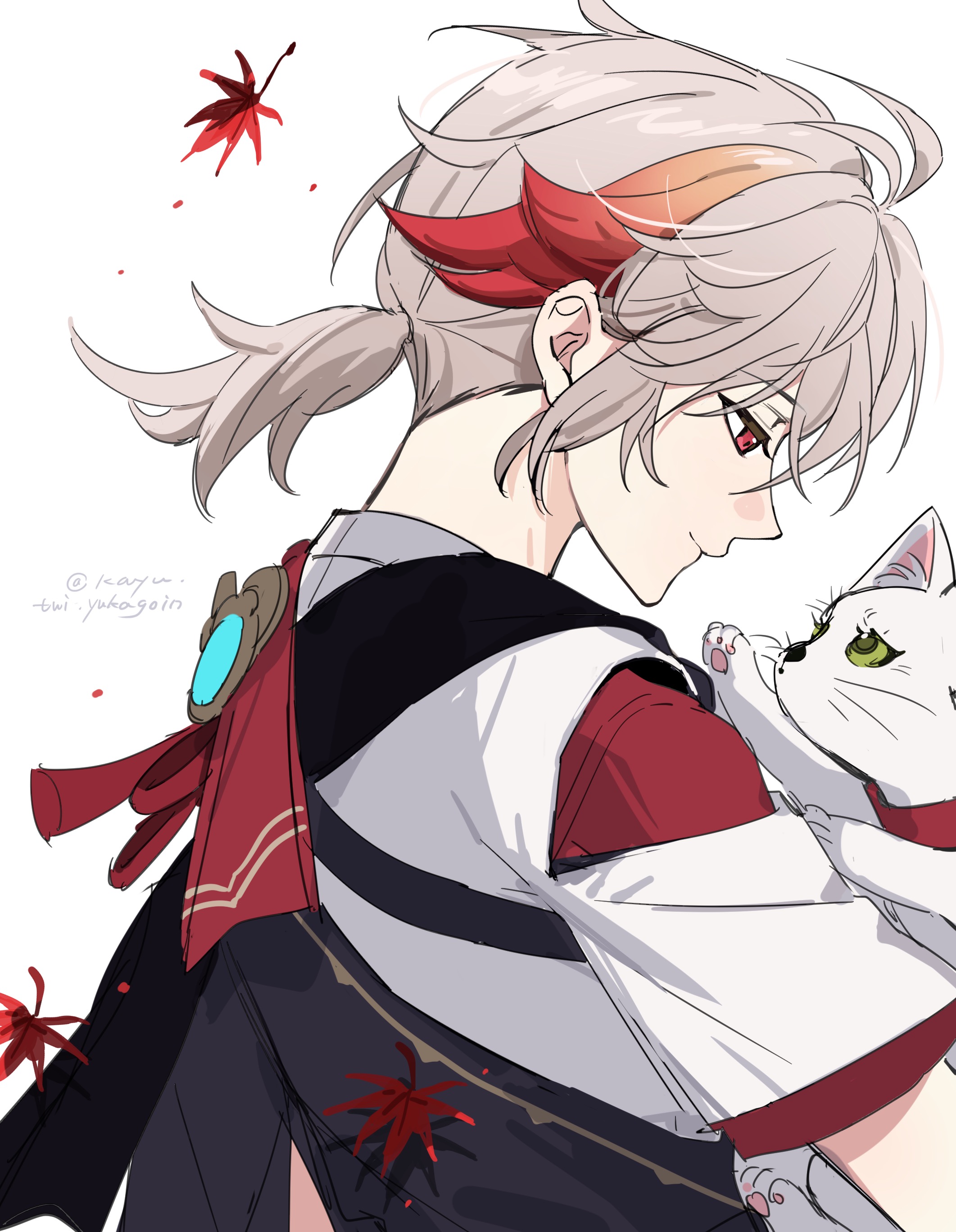 kayu (yukagoin), kaedehara kazuha, genshin impact, absurdres, chinese commentary, highres, 1boy, animal, antenna hair, cat, closed mouth, crossed bangs, falling leaves, from side, grey hair, hair between eyes, holding, holding animal, holding cat, japanese clothes, leaf, looking at animal, looking down, low ponytail, male focus, maple leaf, multicolored hair, ponytail, profile, red eyes, red hair, short ponytail, short sleeves, sidelocks, simple background, smile, solo, streaked hair, tassel, twitter username, upper body, vision (genshin impact), white background, white cat