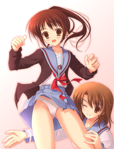ashermes, koizumi itsuki (female), kyonko, suzumiya haruhi no yuuutsu, bad id, bad pixiv id, 00s, 2girls, brown eyes, brown hair, cameltoe, genderswap, genderswap (mtf), multiple girls, panties, ponytail, school uniform, serafuku, underwear
