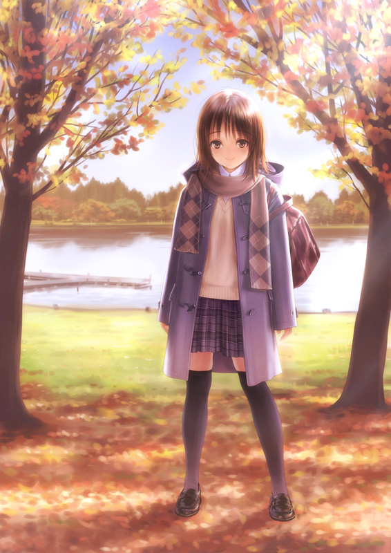 goto p, original, 1girl, argyle clothes, argyle scarf, autumn, autumn leaves, backpack, bag, black shoes, black thighhighs, brown eyes, brown hair, child, coat, day, female focus, full body, hood, hooded coat, lake, leaf, legs apart, plaid clothes, plaid skirt, randoseru, scarf, shoes, skirt, smile, solo, standing, thighhighs, zettai ryouiki