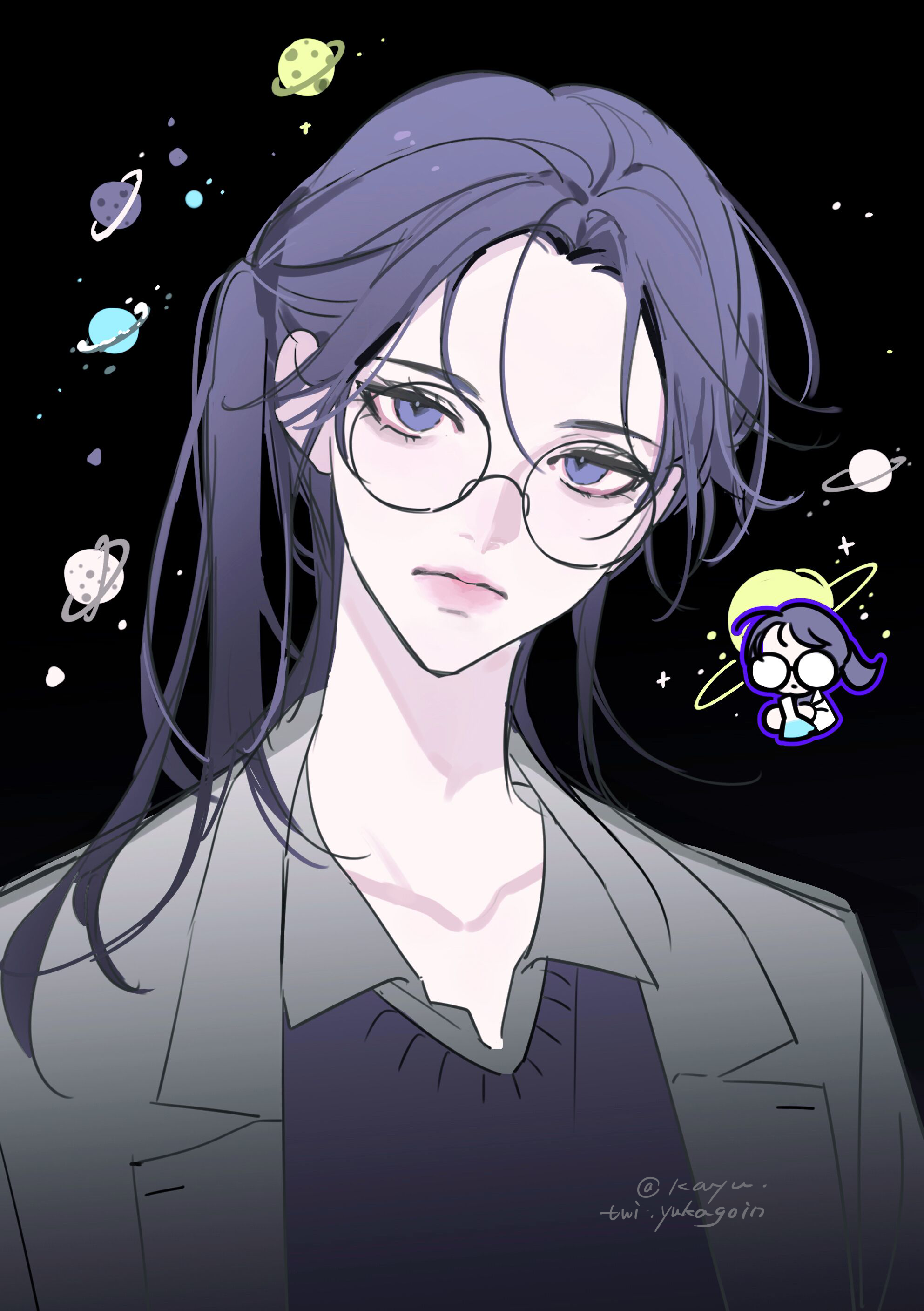 kayu (yukagoin), logician (16personalities), 16personalities, absurdres, chinese commentary, highres, 1girl, black background, chibi, chibi inset, closed mouth, collarbone, collared shirt, expressionless, eyelashes, glasses, grey jacket, grey shirt, hair behind ear, head tilt, jacket, long hair, looking at viewer, open clothes, open jacket, parted bangs, planet, ponytail, portrait, purple eyes, purple hair, purple sweater vest, round eyewear, shirt, side ponytail, simple background, solo, sweater vest, twitter username, upper body