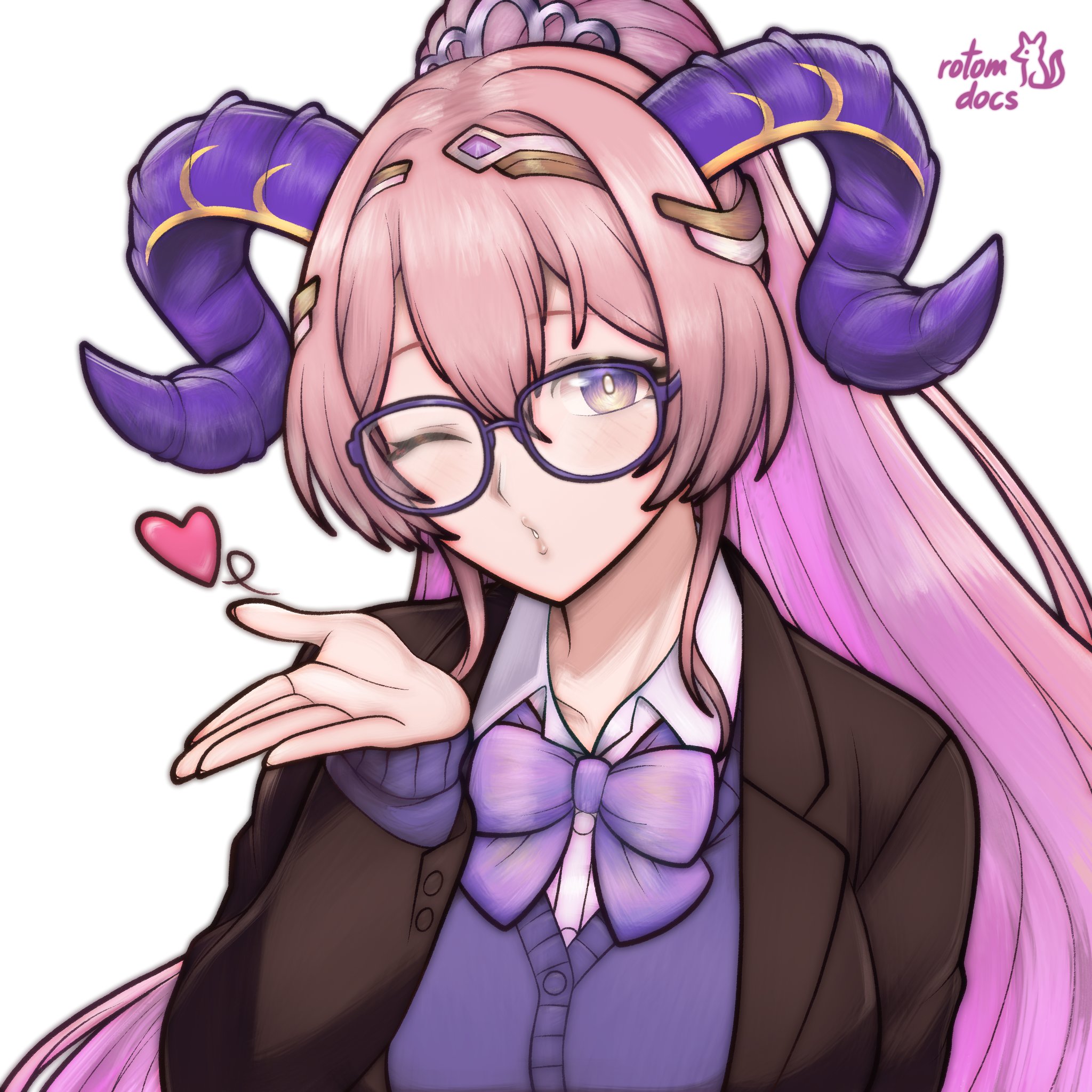 rotomdocs, nerthuz (fire emblem), fire emblem, fire emblem heroes, nintendo, commentary, english commentary, highres, 1girl, ;o, alternate costume, artist name, blowing kiss, blush, bow, bowtie, breasts, brown jacket, cardigan, collarbone, collared shirt, curled horns, glasses, hair between eyes, heart, horns, jacket, large breasts, large horns, long hair, long sleeves, looking at viewer, multicolored horns, one eye closed, pink hair, ponytail, puckered lips, purple-framed eyewear, purple bow, purple bowtie, purple cardigan, purple eyes, purple horns, shirt, simple background, solo, tiara, two-tone horns, very long hair, white background, white shirt, yellow horns