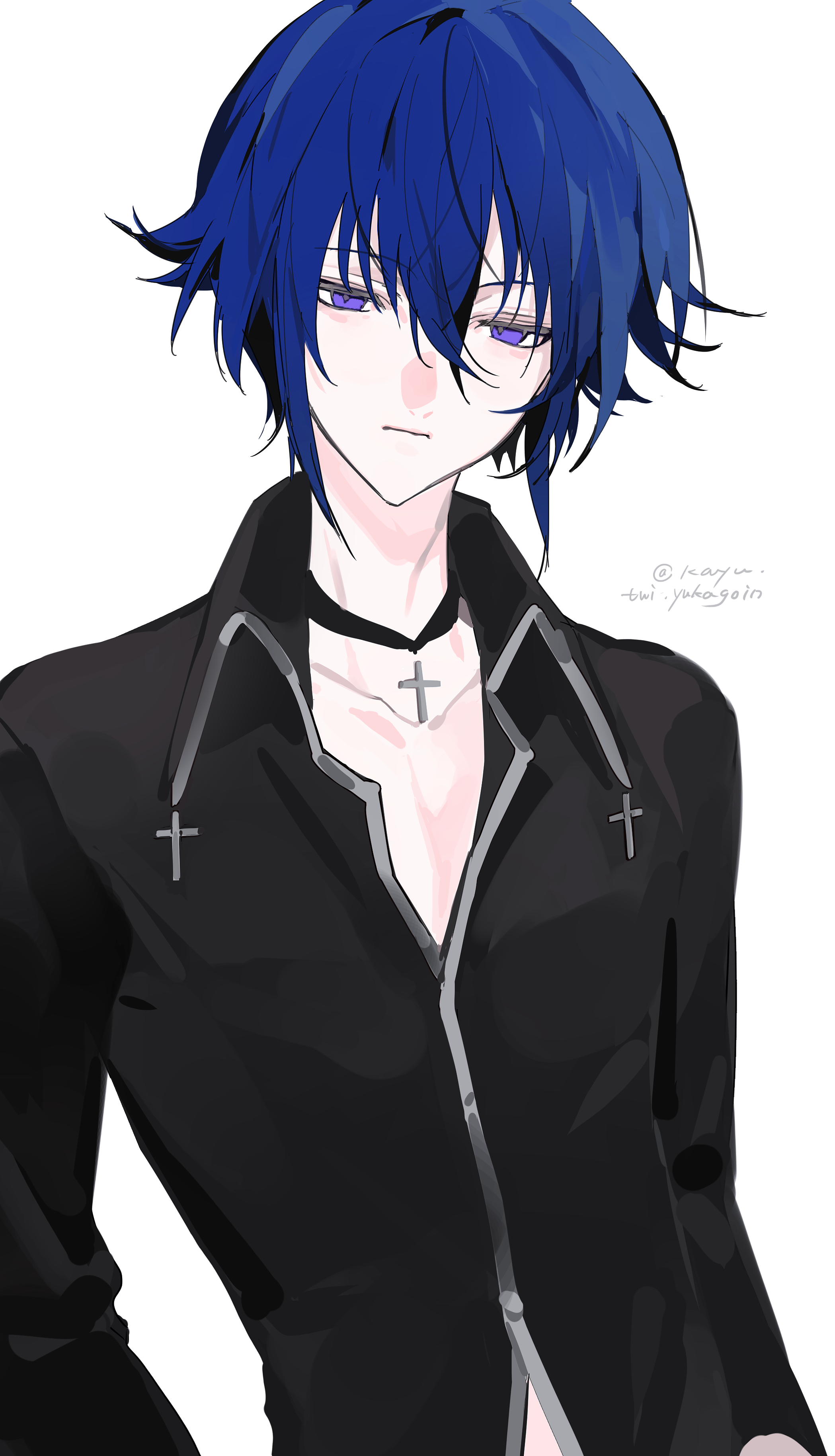 kayu (yukagoin), tsukiyomi ikuto, shugo chara!, absurdres, chinese commentary, highres, 1boy, black choker, black shirt, blue hair, choker, closed mouth, collarbone, collared shirt, cross, cross choker, hair between eyes, jewelry, long sleeves, looking at viewer, male focus, pendant choker, purple eyes, shirt, short hair, simple background, solo, twitter username, upper body, white background