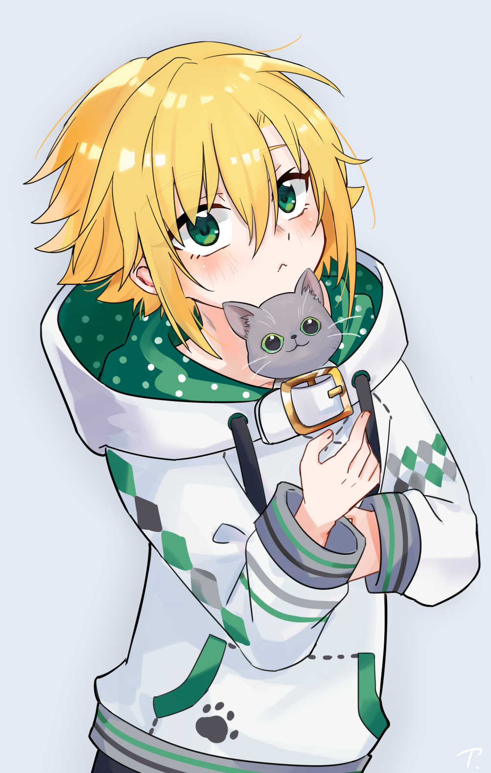 uzuki kou, uzuki kou (2nd costume), nijisanji, highres, 1boy, :<, blonde hair, blush, cat, drawstring, flipped hair, green eyes, green hoodie, grey background, hair between eyes, hood, hood down, hoodie, long sleeves, looking at viewer, male focus, polka dot, polka dot hoodie, sakurakyousuke0, short hair, sidelocks, simple background, solo, standing, two-sided fabric, upper body, virtual youtuber, white hoodie