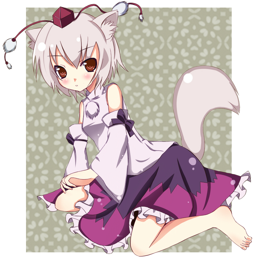 aa44, inubashiri momiji, touhou, silver hair, bad id, bad pixiv id, 1girl, animal ears, barefoot, detached sleeves, feet, female focus, full body, kneeling, short hair, solo, tail, wolf ears, wolf tail